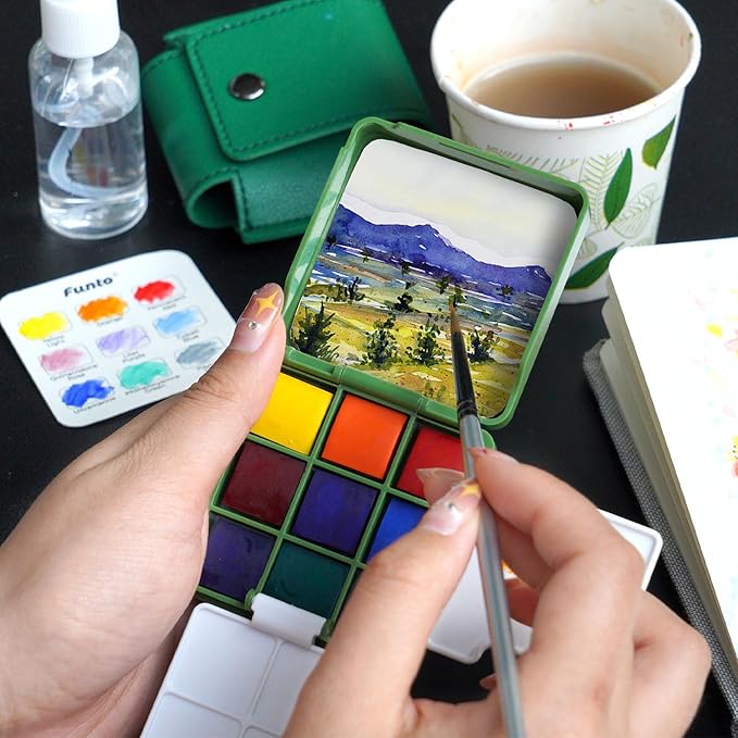 Funto Mini Watercolor Travel Set, Travel Kit with 2 Foldable Palettes, 9 Colors, Mini Color Paint Set for Creative Artists