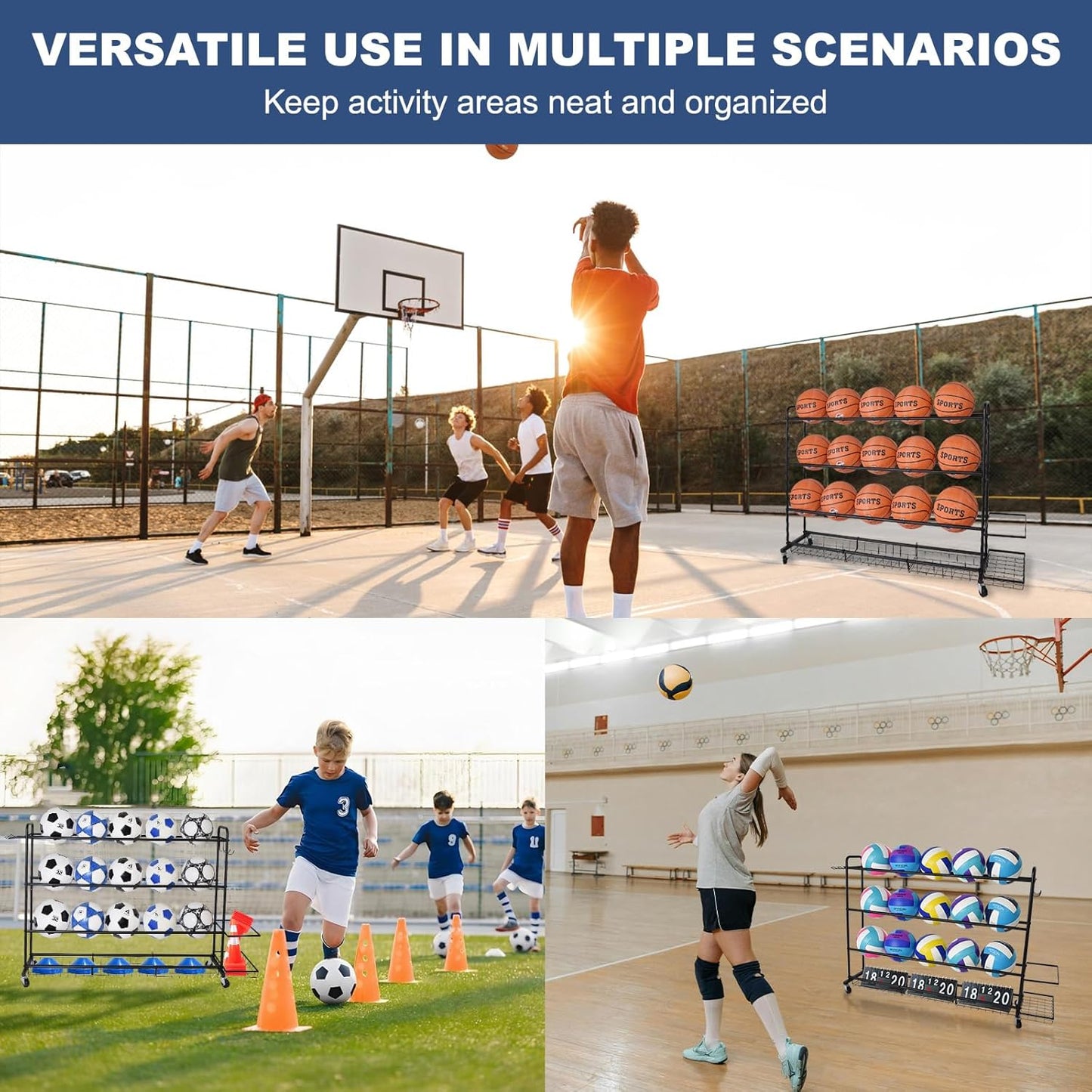 Basketball Rack, Shooting Training Rolling Ball Stand, Garage Organizer with Wheels, 4-Layer Sports Equipment Storage Holder with Baskets and Hooks for Soccer Baseball Footballs Volleyball