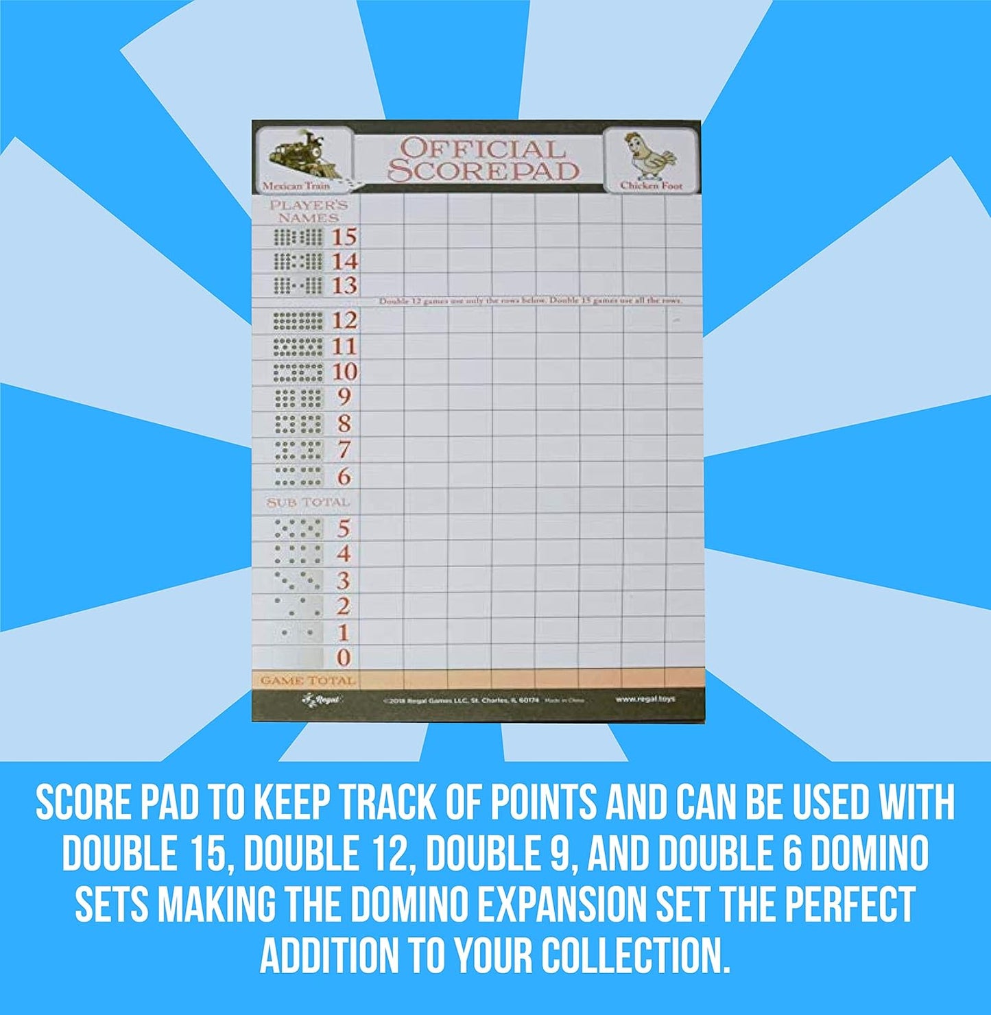 Regal Games Mexican Train Domino Expansion Set - 8 Metal Marker Trains with Unique Finishes - Replacement Wooden Hub - Scoresheet