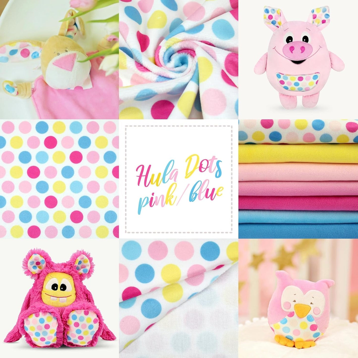 kullaloo Plush Fabric | Printed Minky Fabric for Sewing Hula DOTS Pink Blue | Super Soft Cuddle Material | 39.5x29.5 | Plushies, Baby Blankets, Pillows, Dog Beds, Beanies, Baby Accessories, Apparel