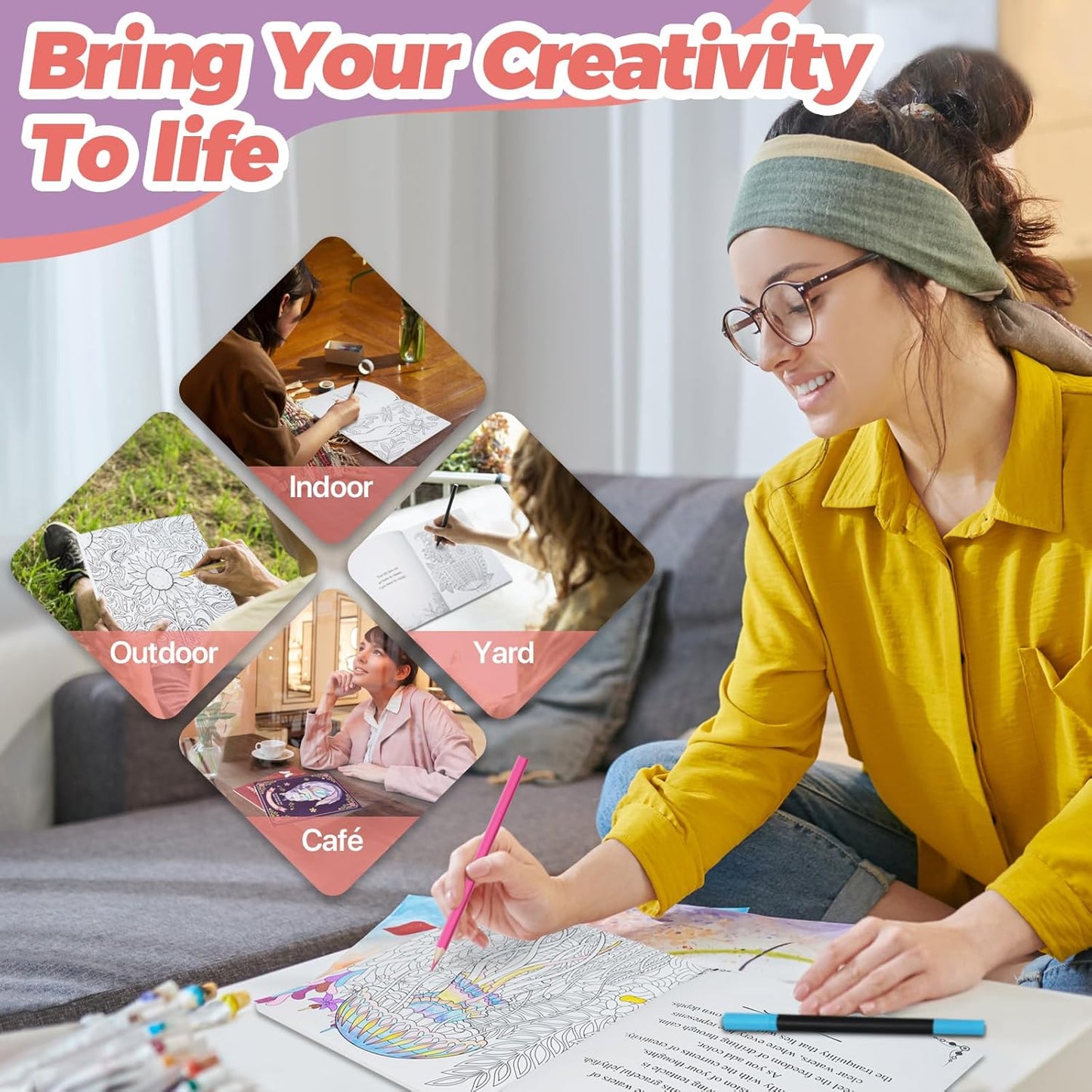 CONDA Coloring Book, 7.1 x 8.5 inches, 2 Books with Mindfulness Quotes, 96 Different Beautiful Patterns, Adult Coloring Book for Relaxation, Inspirational Books for Women Men