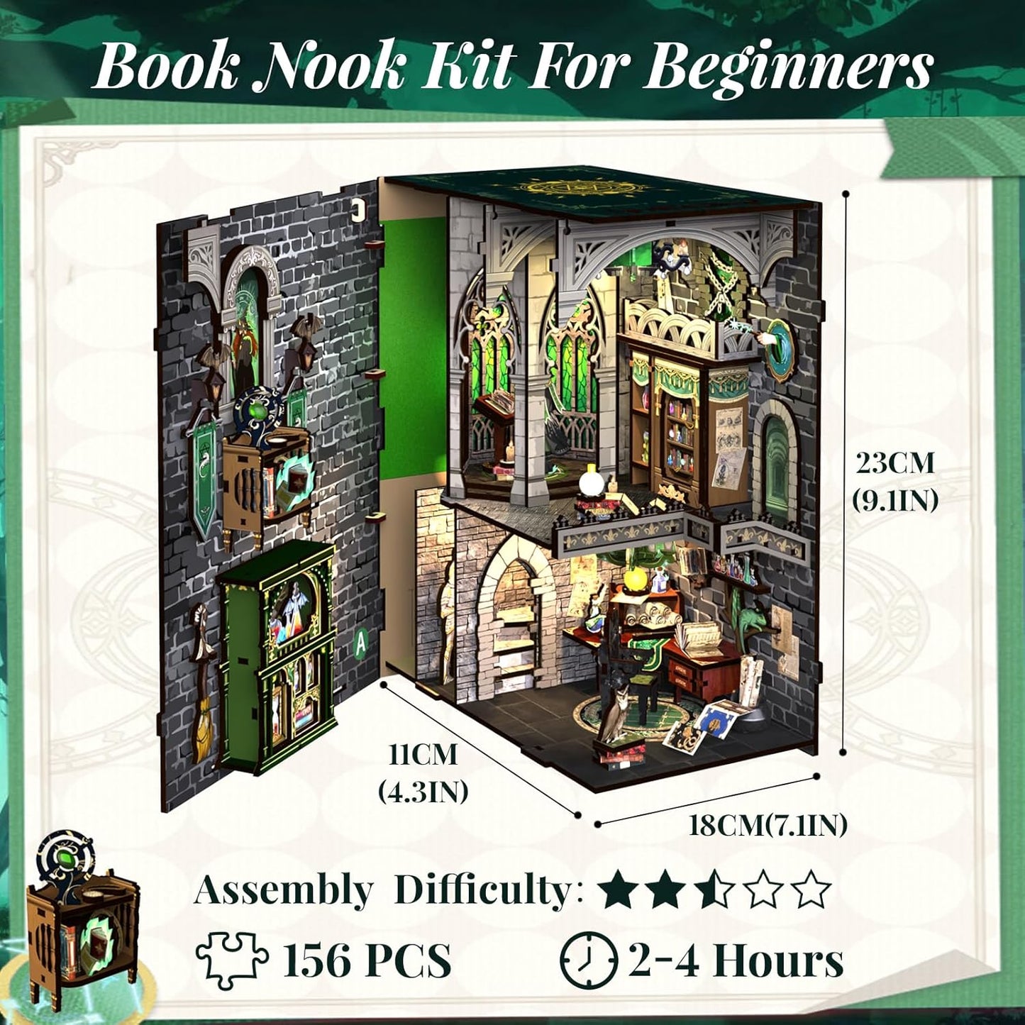 Fsolis Book Nook Kits for Adults, DIY Miniature House Kit 3D Wooden Puzzle Booknook Magic Halloween Bookshelf Nook Decorative Bookends for Women Teenagers and Book Lovers(Darkness Common Room)