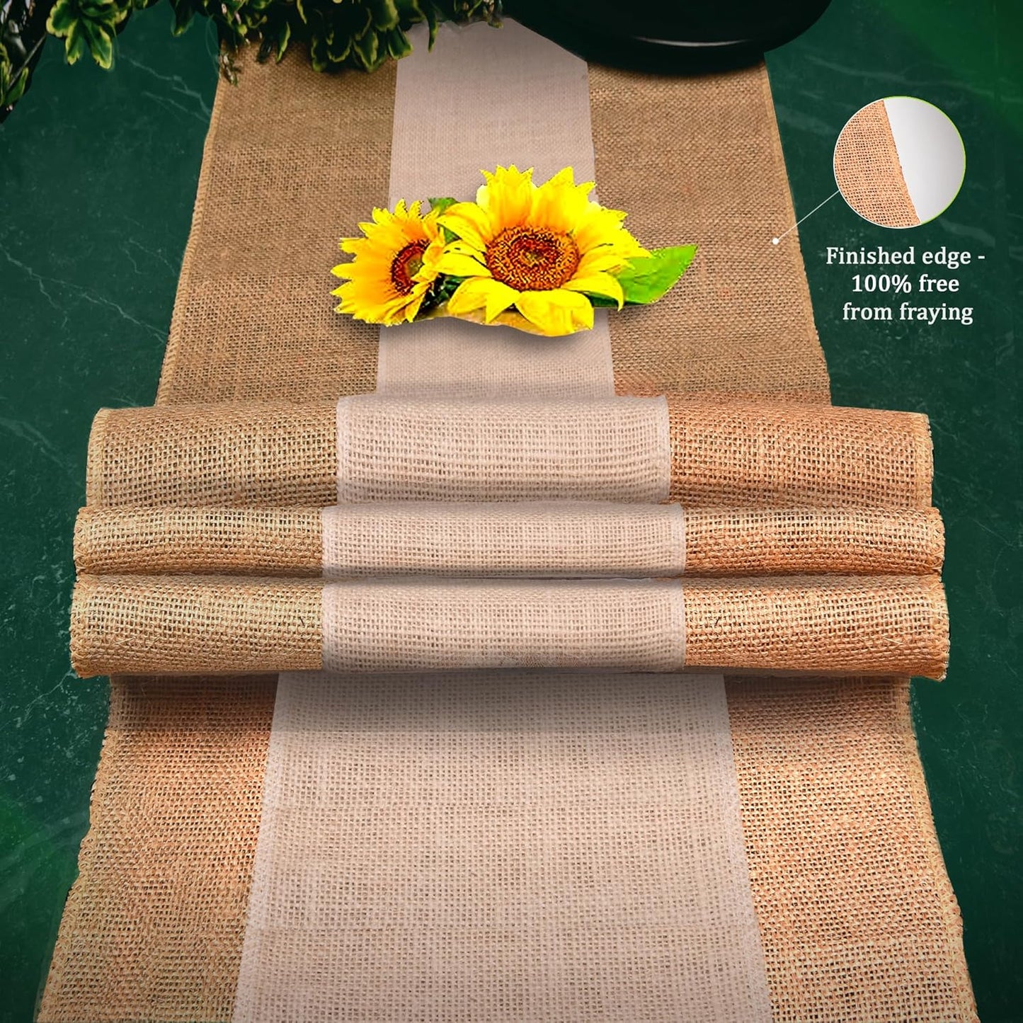 Burlap Table Runners (Pack of 1) – 14”x 72” - No-Fray Finished Edge Burlap Runner – No Odor Farmhouse Style White Stripe on Natural Table Runner - Perfect for Christmas, Wedding, Thanksgiving