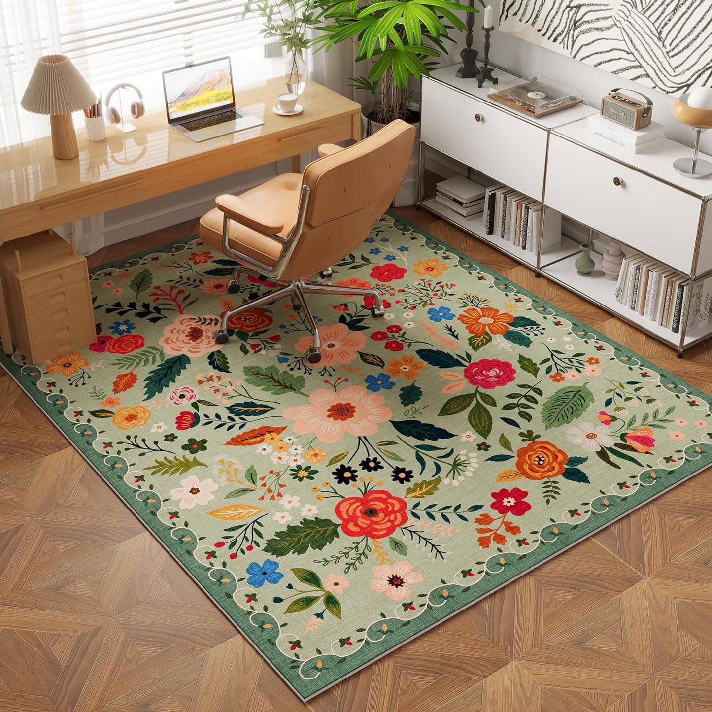 Rugcomf Area Rug 4x6 Rug Washable Boho Rugs Non Slip Low Pile Floral Small Carpet for Bedroom, Bedside, Kids Room, Office, Dining Room(Green)