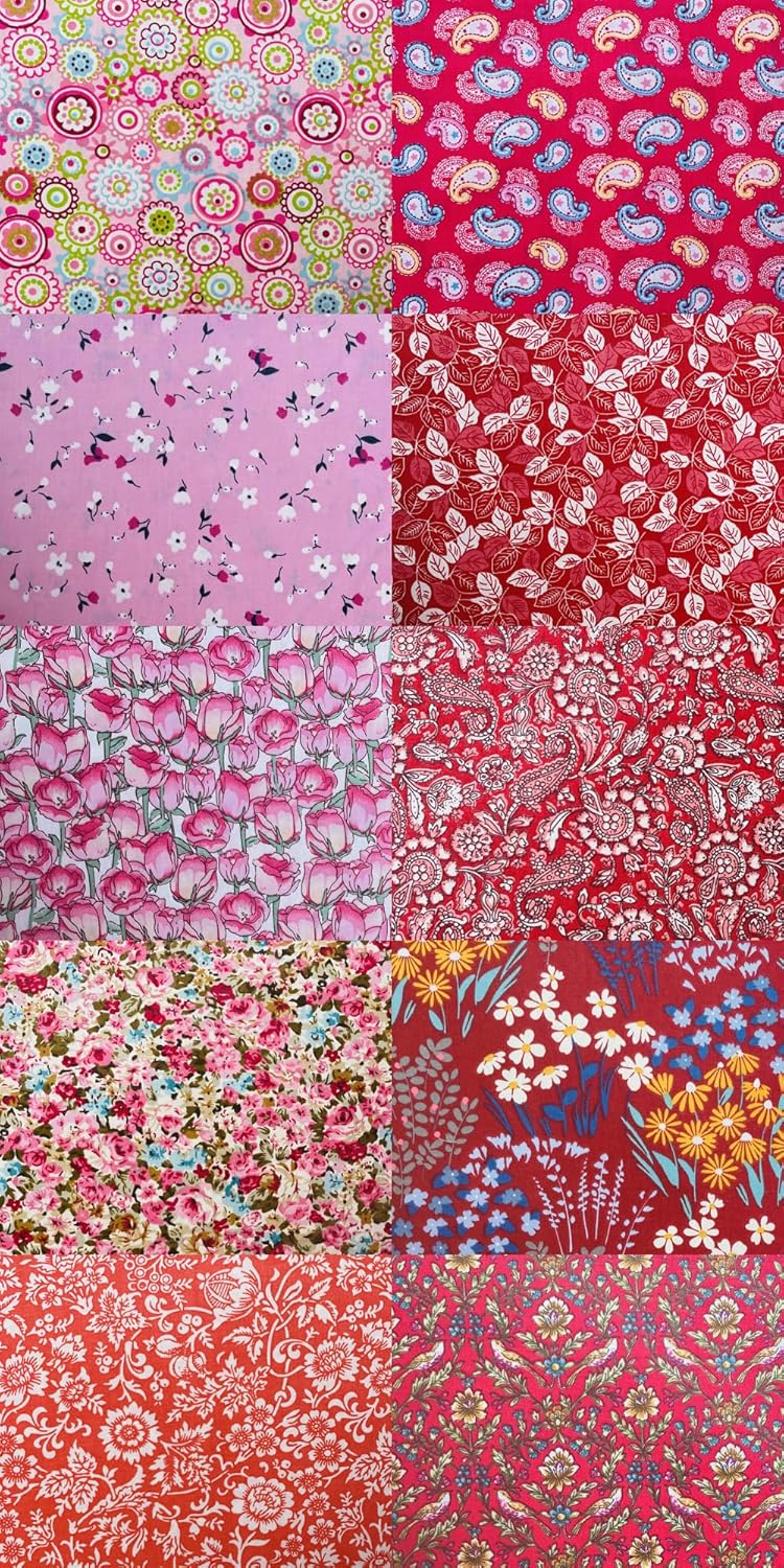 HANPATQUI 50PCS 8 x 8 inch Red Printed 100% Cotton Fat Quarters Fabric for Sewing and Quilting Bundles Precut Fabric Square for DIY Craft Patchwork