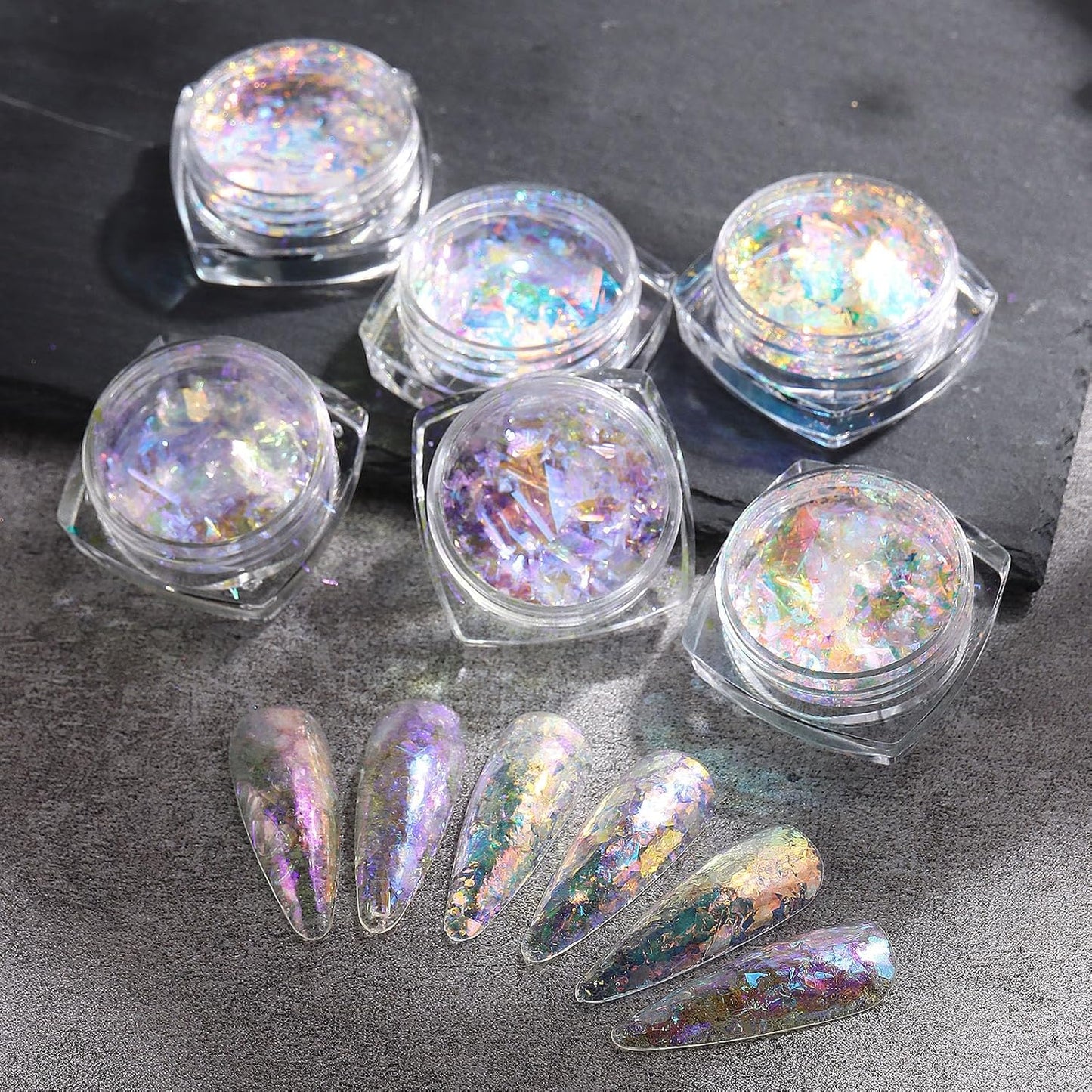 Holographic Opal Nail Art Glitter Flakes, 6 Colors Aurora Iridescent Pigment Powder Irregular Ice Crystal Mermaid Paillettes Sparkly Chunky Glitter Sequins for DIY Manicure Nail Decorations