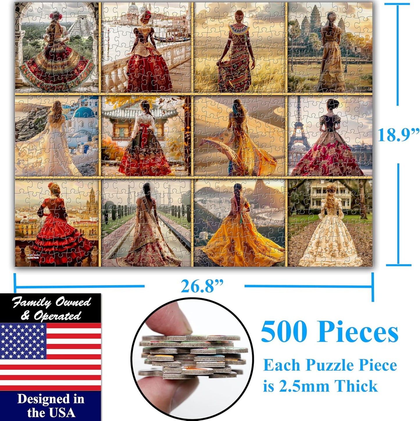 Think2Master Beautiful Dresses from Around The World 500 Pieces Large Format Jigsaw Puzzle for Kids 12+, Teens, Adults & Families. Elegant Dresses Vibrant Colors, Cultural Art Size: 26.8” X 18.9”