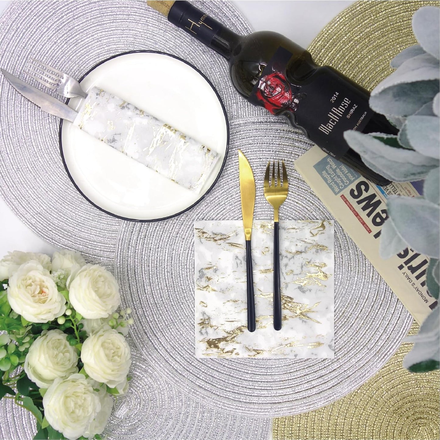 80-Pack Napkins Disposable Paper Towel Cocktail Dinner Party Decoration, Gold Splash