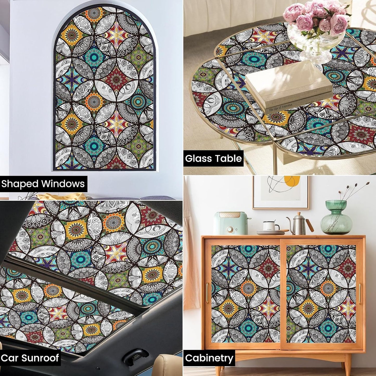 DKTIE Boho Chic Window Privacy Film with Installation Tools - Soften Light, Reduce UV Rays, Decorative Stained Glass Window Tinting Film for Home, Window Clings, 17.7 x 118.1 Inch