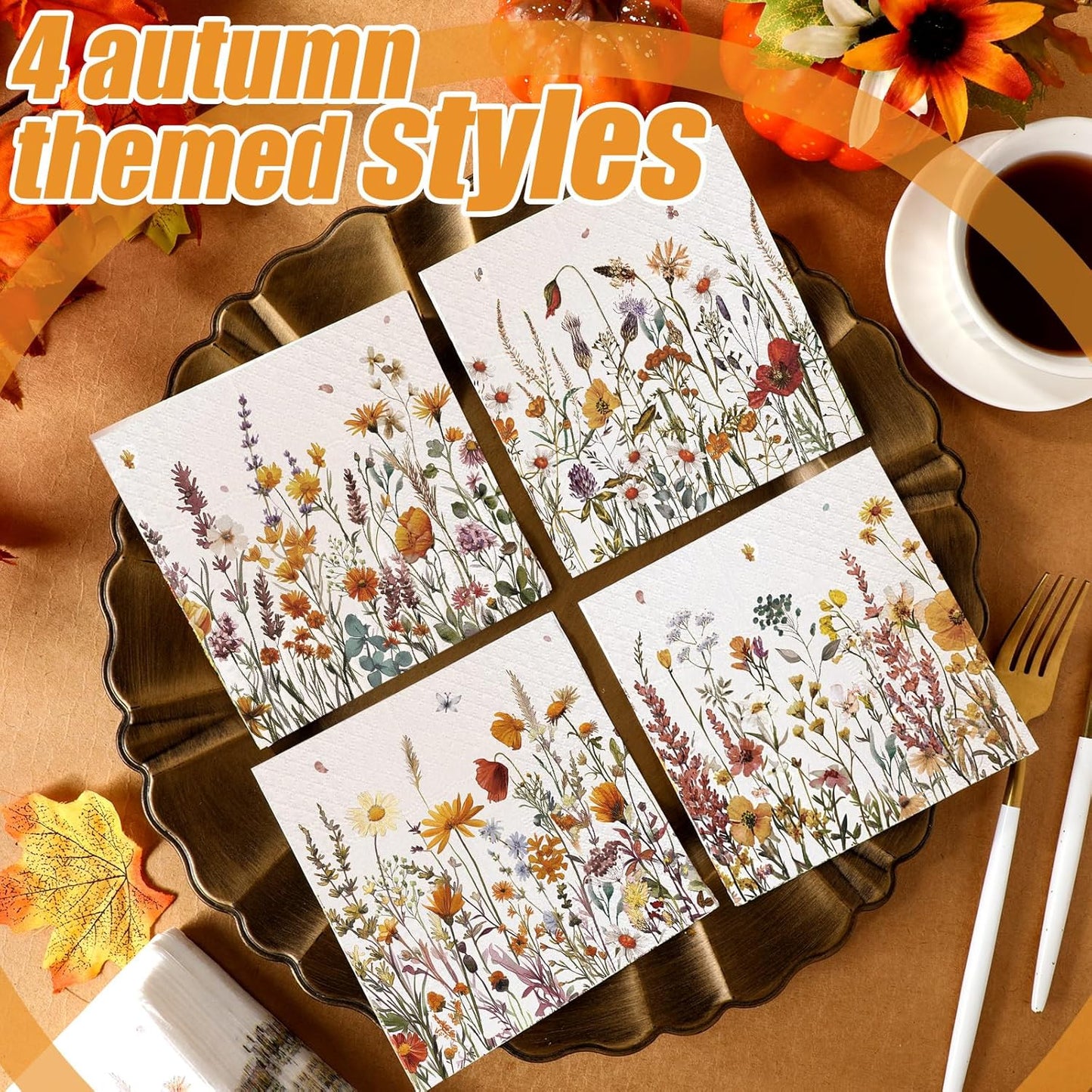 Fulmoon 200 Pieces Fall Floral Cocktail Napkins Disposable Autumn Flower Decoupage Paper Napkins Wildflower Beverage Towel for Thanksgiving Day Fall Party Favor Supplies
