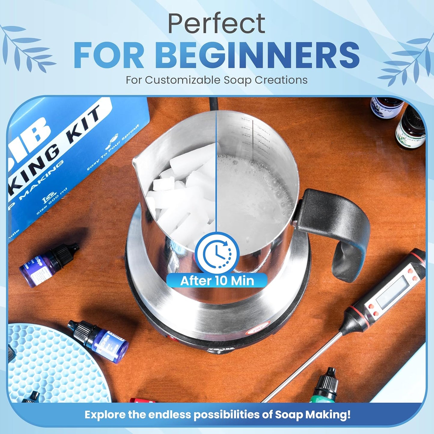 ZMSIB Soap Making Kit with 900ml Stainless Steel Melting Pot | All-in-One DIY Soap Making Kit with Silicone Mold | Digital Thermometer | Soap Base | Mixing Spoon | Heat Resistant Mat & Electric Stove