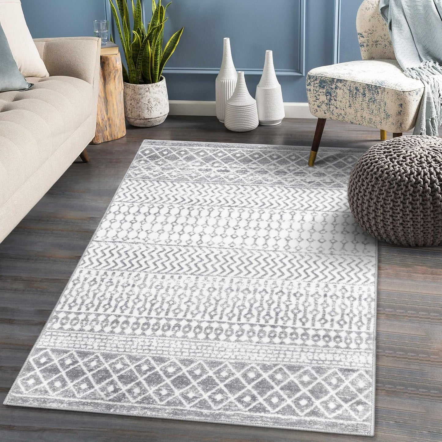 Moroccan Grey 4x6 Rug, Washable Boho Distressed Living Room Rug Non-Slip Large Rug, Faux Wool Low-Pile Indoor Floor Carpet Accent Rugs for Kitchen Bedroom Office Dining Table