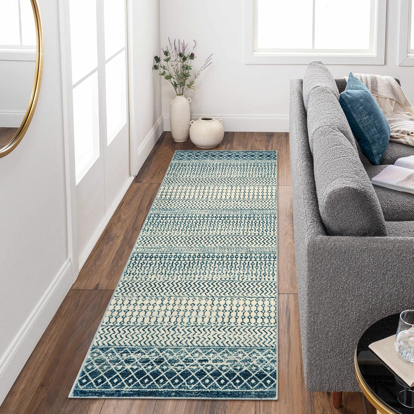 Moroccan Kitchen Runner Rug, 2x6 Non Slip Vintage Blue Rug for Kitchen Floor, Soft Low-Pile Washable Laundry Room Rug Indoor Floor Throw Carpet for Doorway Hallway Bedside Bathroom