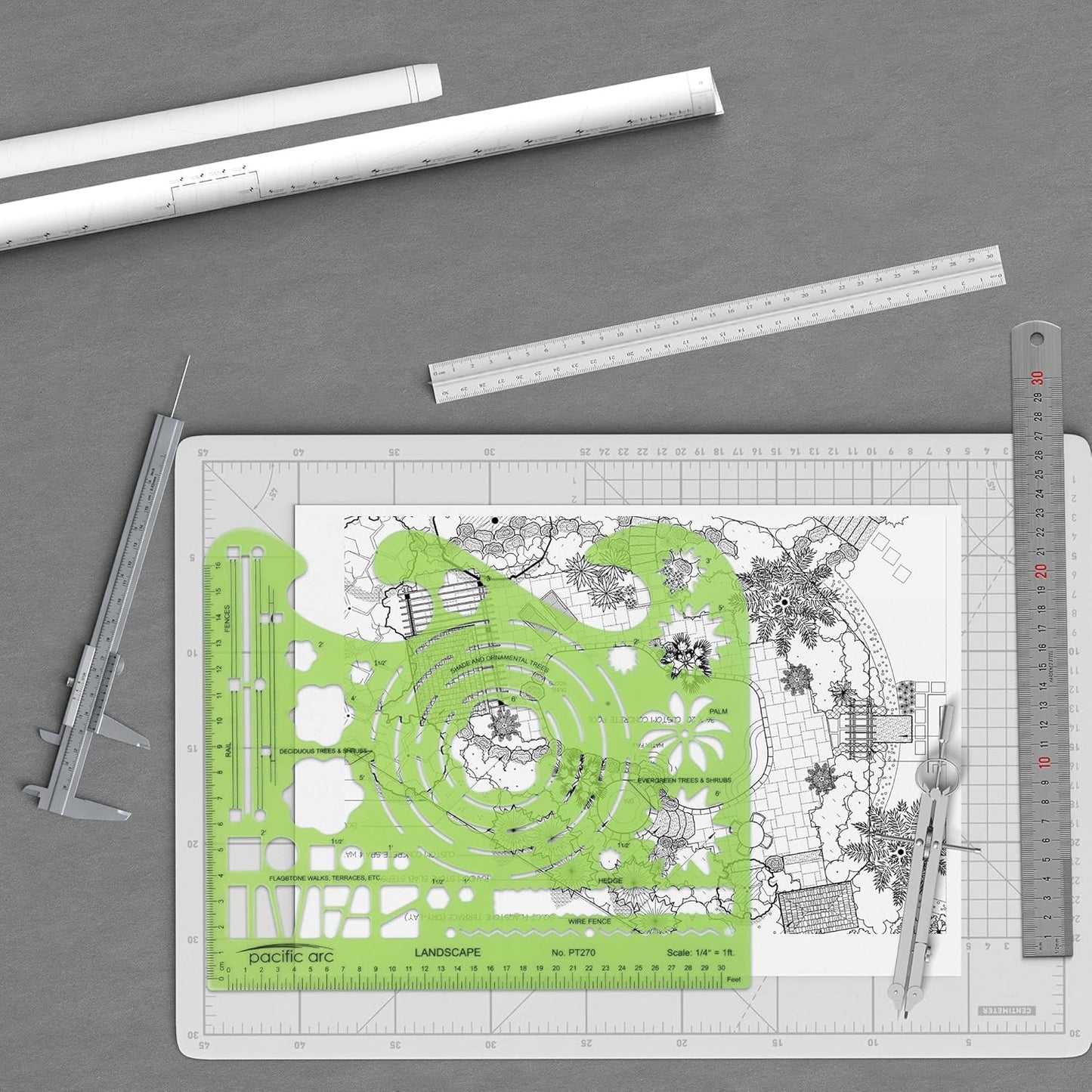 Pacific Arc Landscape Template Guide, with Trees, Shrubs, Hedges, Fences, Flagstone Walks, and Terraces