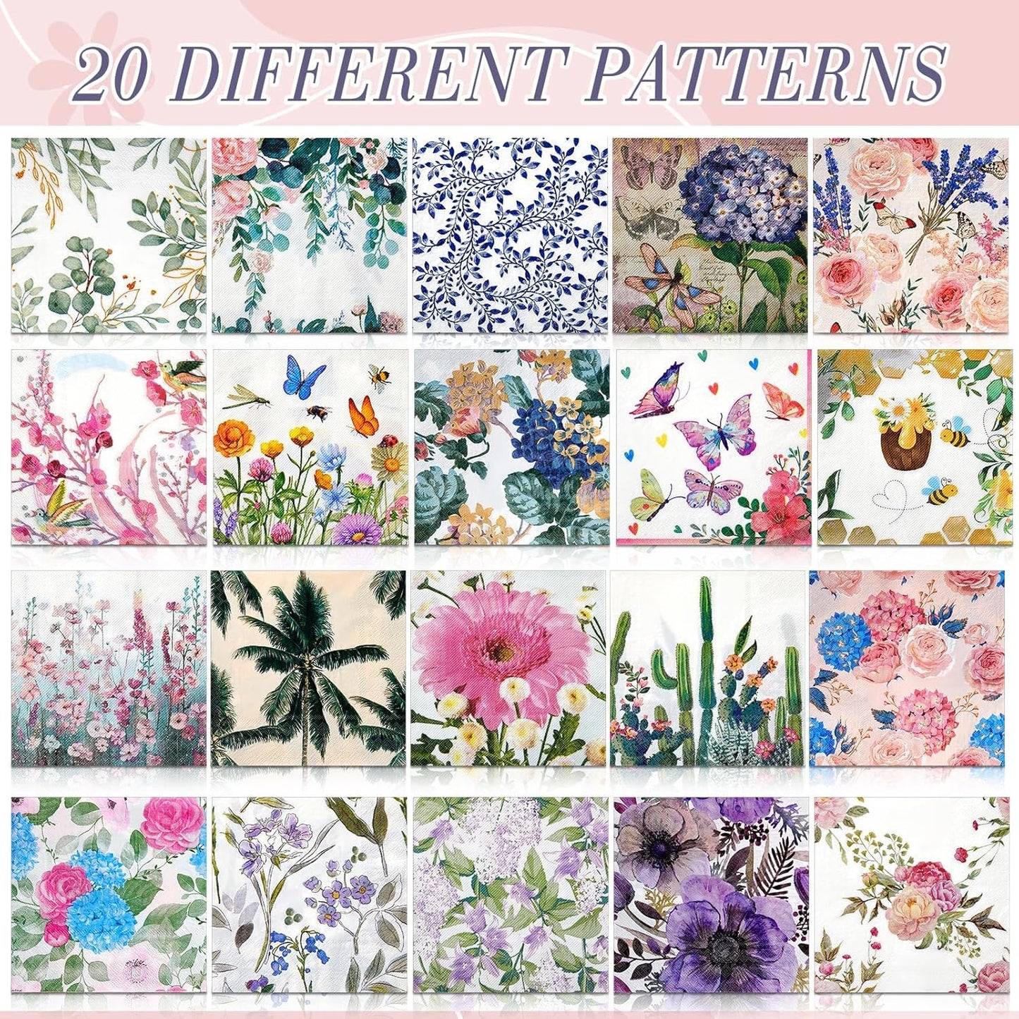 Crtiin 20 Pack Assorted Floral Napkins for Decoupage Toilet Napkins Flower Cocktail Decorative Paper for Birthday Party Beautiful Gorgeous, 20 Styles Each 6.5 inches(Style 5)
