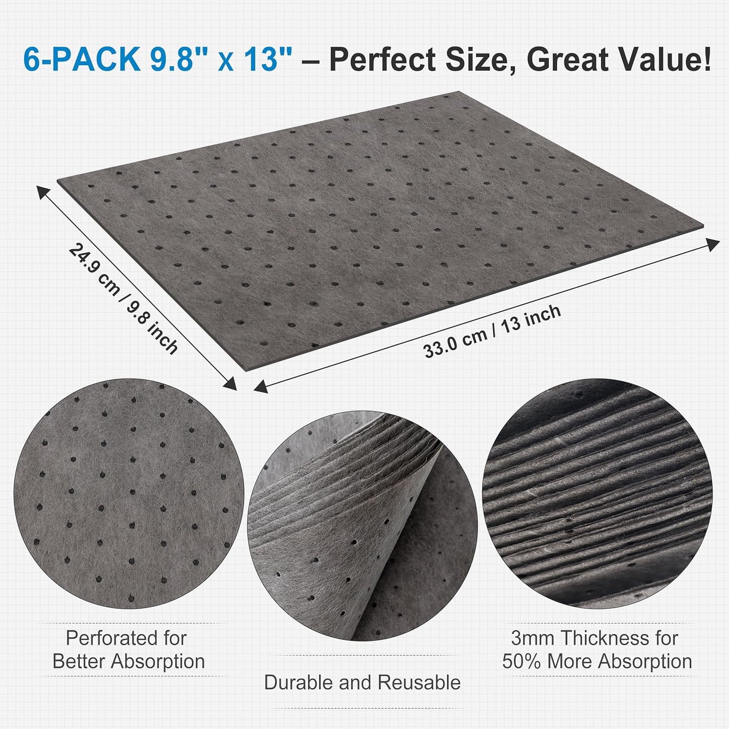 AAwipes Oil Absorbent Pads Universal Multi-Liquid Spill Control Tear-Off Design for Garage, Workshop, Industrial Use Heavy-Duty 9.8" x 13" Grey 20-Pack (OG1013T-20)