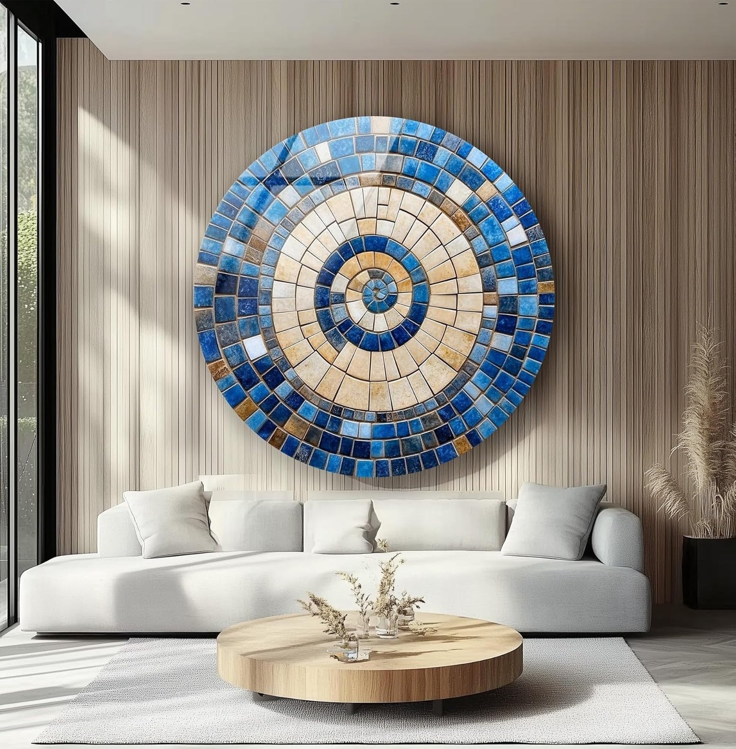 My Photostation.com 20''(50cm) Diameter Coastal Sunburst Beige & Blue Round Glass Wall Art Tempered Glass Printing Wall Decor Large Wall Art Wall Hangings