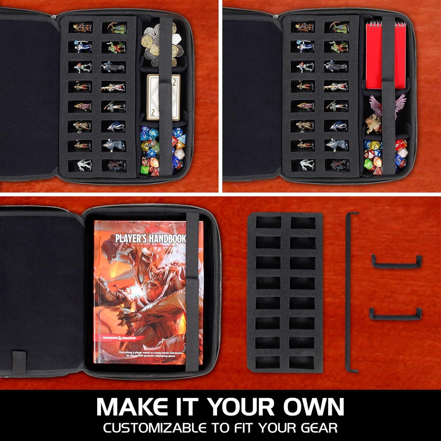ENHANCE RPG Organizer Case - DnD Binder with Built-in Character Sheet Holder and Erasable Scribe Panel, Dice Rolling Area, Removable Pen Pouch, Miniature Foam Tray, Wrist Strap