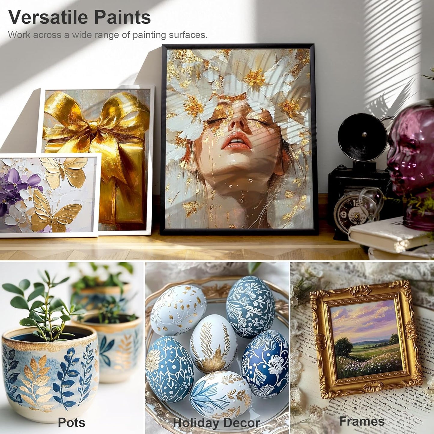 AUREUO Metallic Acrylic Paint Set - 8 Essential Colors 0.71 Fl Oz / 21ml Tubes Gold Silver Art Paints for Crafts Decor Rich Pigments Non-toxic Painting Supplies for Artists