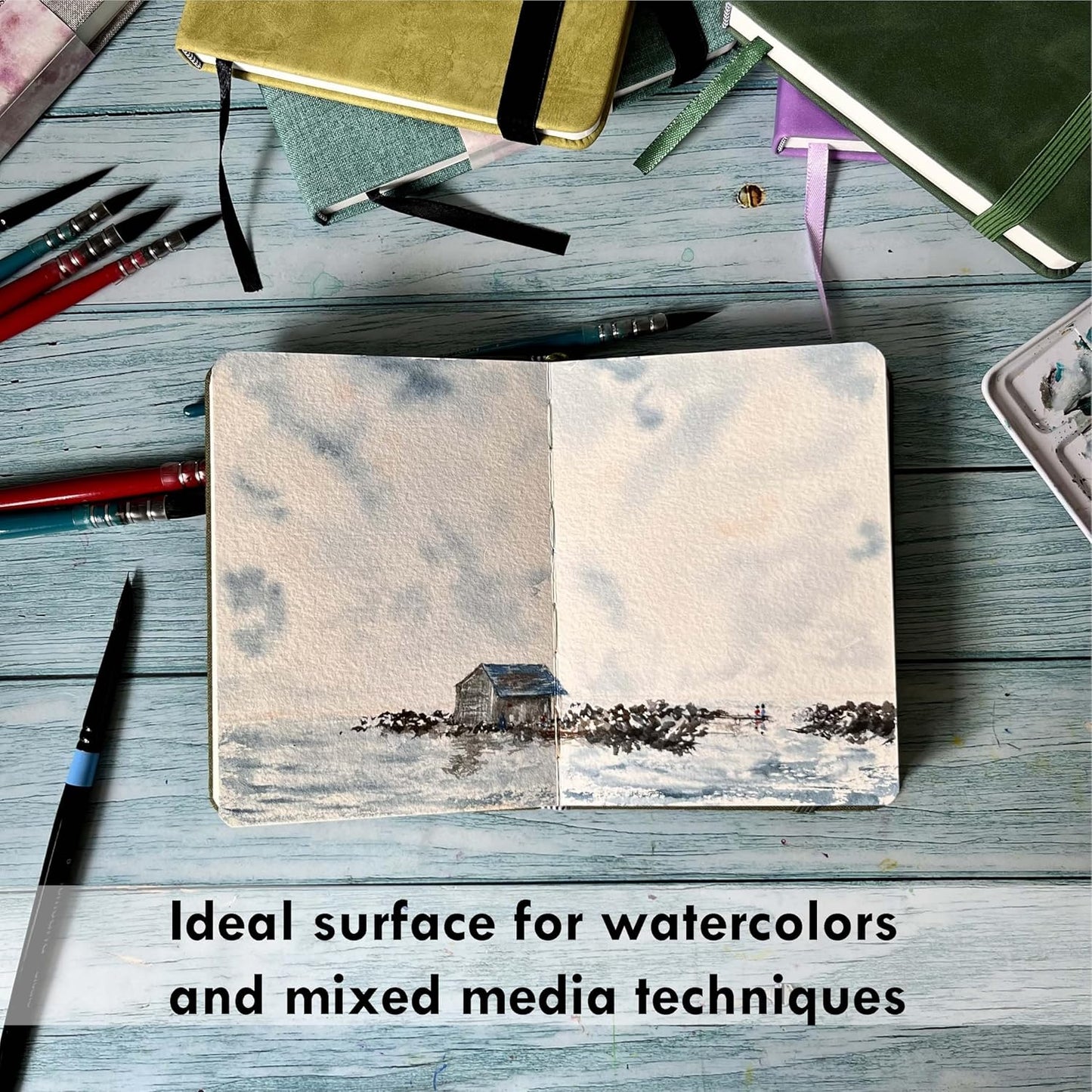 tumuarta 100% Cotton Watercolor Journal Sketchbook, Cold Press, 7.5x5 in, 140 LB, 300GSM, Acid Free, 24 Sheets,48 Pages, Watercolor Journal for Use As Travel Notebook and Mixed Media Pad On The Go