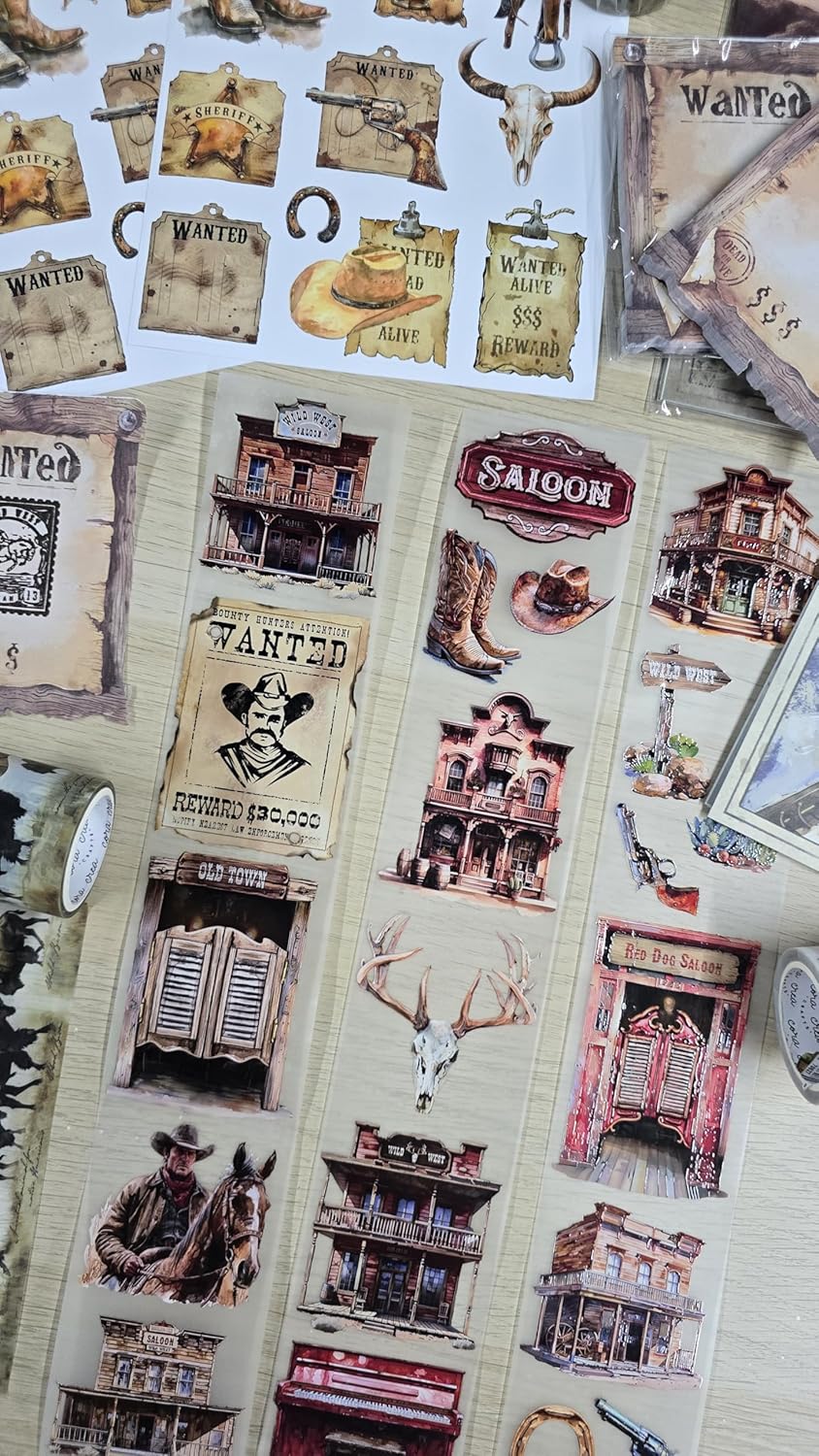 Wild West Transparent Vintage Washi Tape 5x5 cm x 100 cm – Decorative Scrapbooking Craft Adhesive Roll, Western Cowboy Art, Rustic Frontier Illustration for Journals, Planners, Cards & DIY Projects