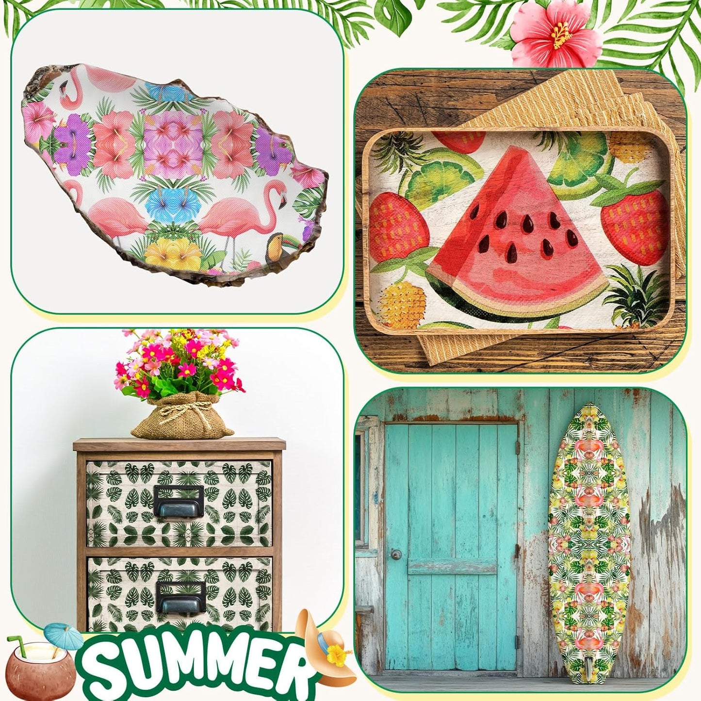 Crtiin 36 Pack 9 Styles Decoupage Napkins Assorted Floral Decorative Decoupage Napkins Chinoiserie Cocktail Paper for DIY Crafting Birthday Party, Each Unfolded 13 Inch(Tropical Plants)