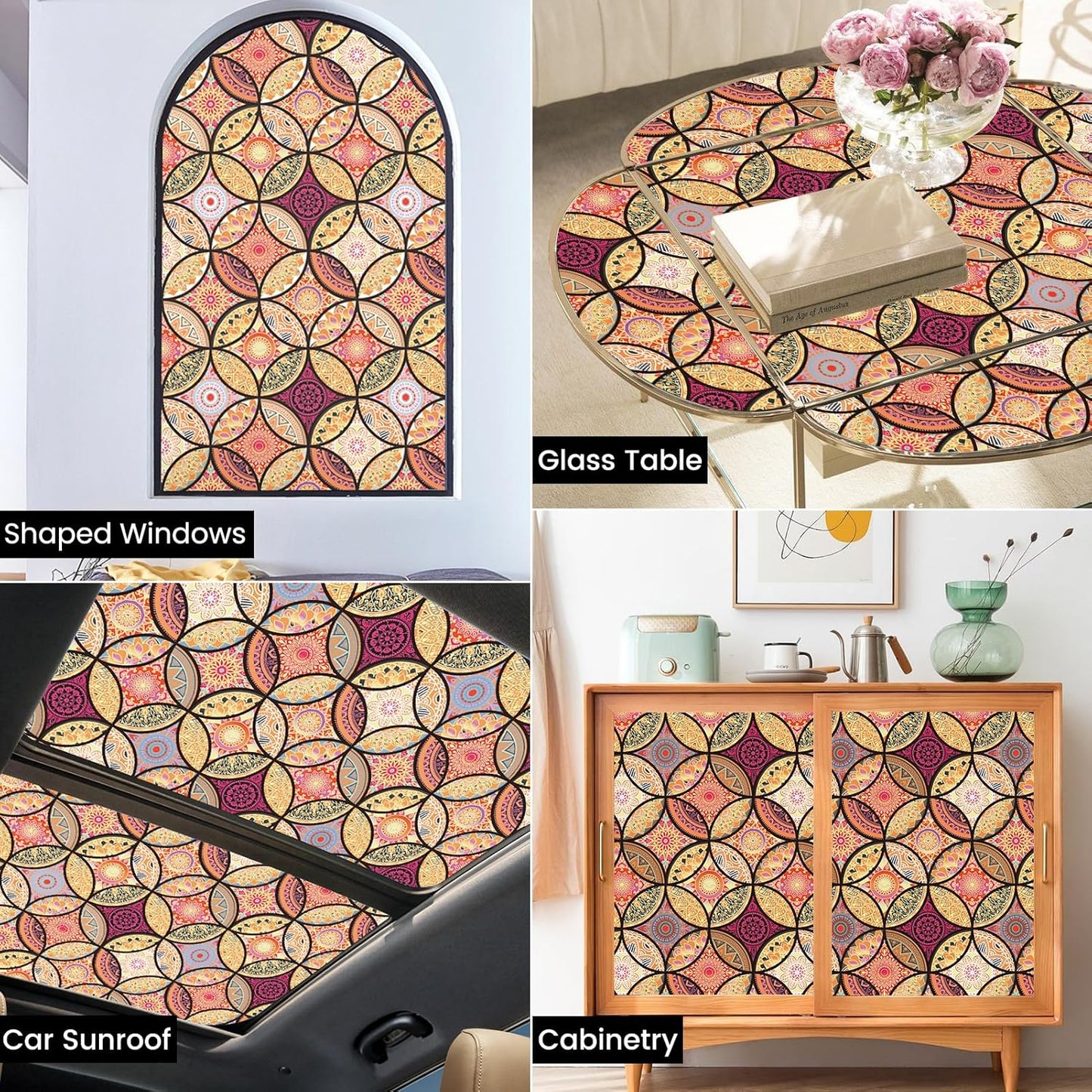 DKTIE Stained Glass Window Film with Installation Tools - Bohemian Style, Privacy Protection, Softening Light, Home Decorative Window Film, 17.7 x 78.7 Inch