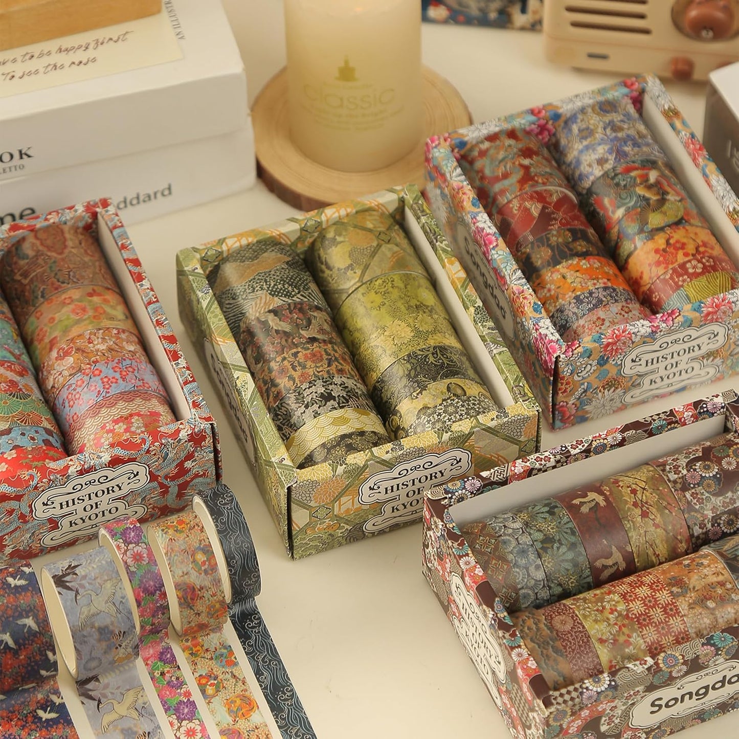 12 Rolls Kyoto Charm Washi Tape Set Japanese Arts Adhesive Tapes Geometric Garden Decorative Masking Tape Sets for Craft, Kids, Scrapbook, DIY, Gift Wrapping (Purple Sakura)