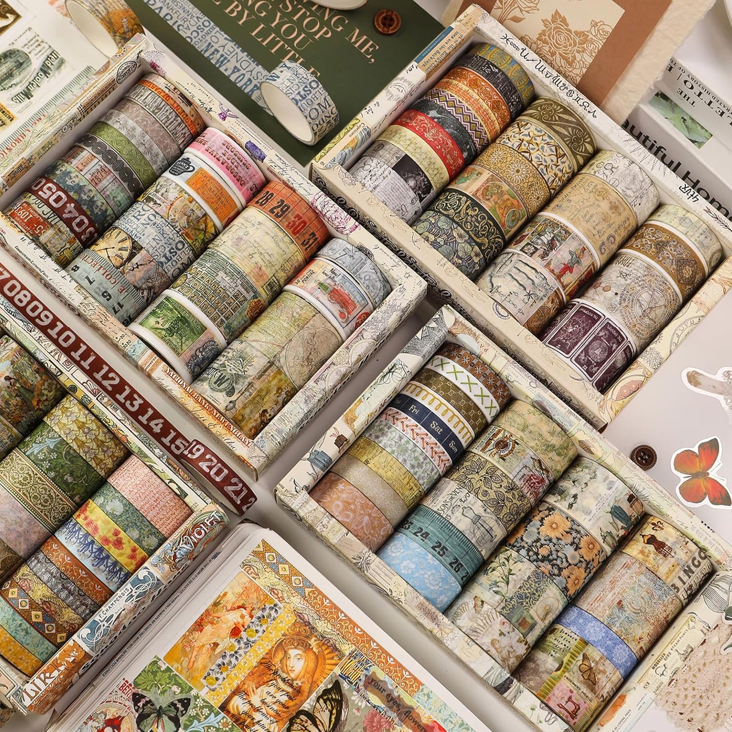 Vintage Washi Tape Set - 24 Rolls Arts Adhesive Tapes Assorted Retro Decorative Masking Tape Sets for Craft, Kids, Scrapbook, DIY, Gift Wrapping (4-Nature Journal)