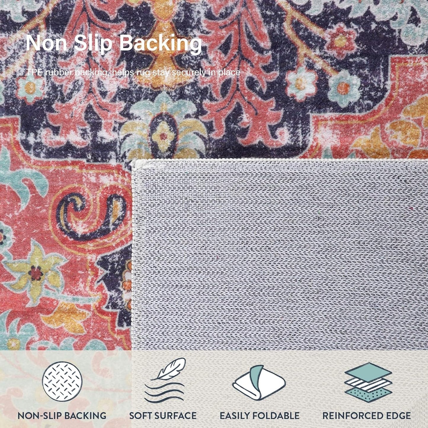 Lahome Bohemian Floral Medallion Area Rug - 4x6 Hot Pink Entryway Rug Soft Laundry Room Mat, Non-Slip Machine Washable Nursery Accent Carpet for Dorm Department Kitchen Office, Fuchsia/Multi