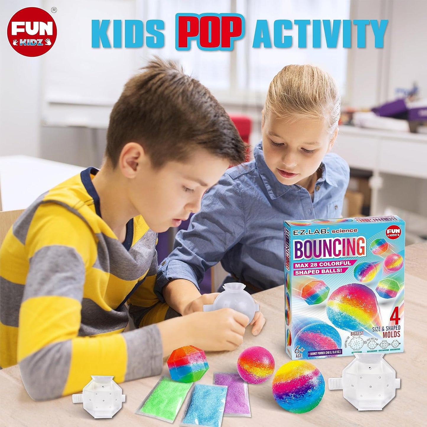 Big Bouncy Ball Kit for Kids, FunKidz DIY Ultimate Magic Bouncy Balls Making Kit Science Craft Projects Birthday Party Activities for Boys Girls Ages 6-12 Includes Tennis Size Ball Model and Powder