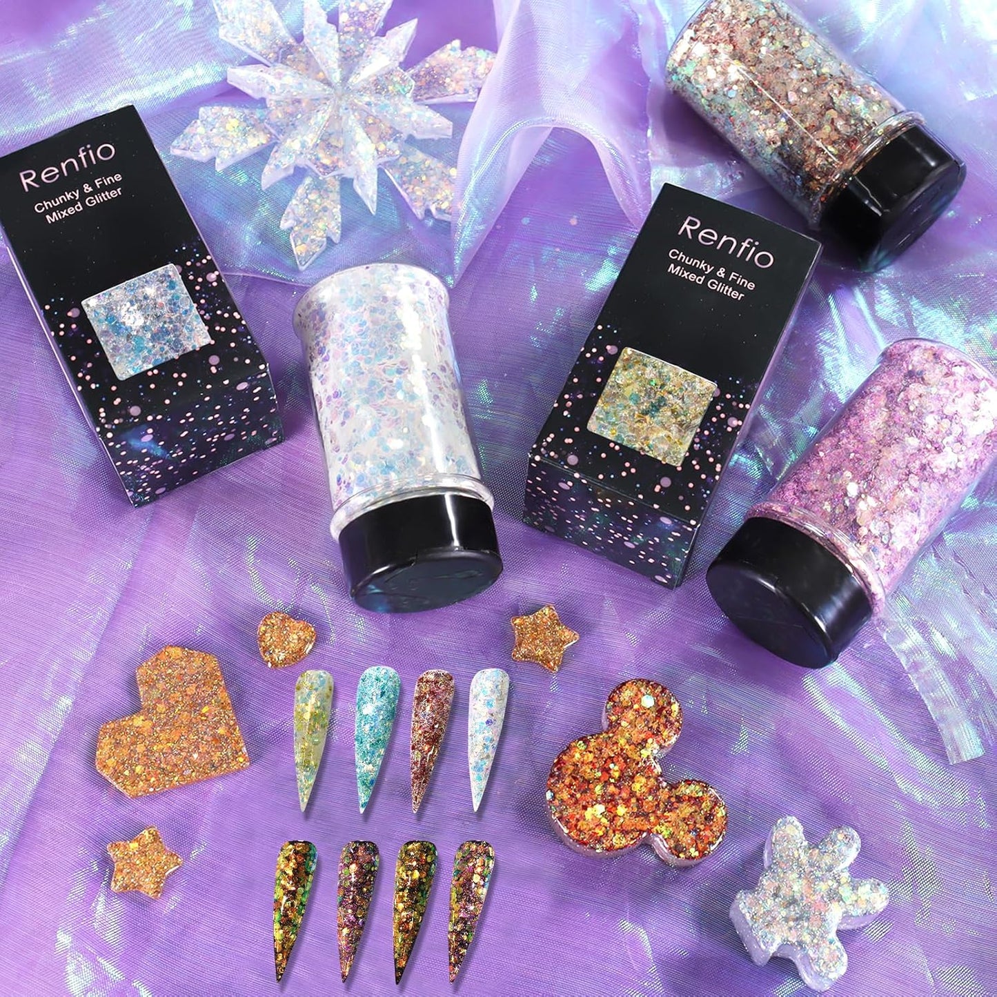 Renfio Opal Chunky Glitter - 1.75oz/50g Blue Holographic Glitter Mix for Resin Nails Art, Hair, DIY Snow - Ice Queen