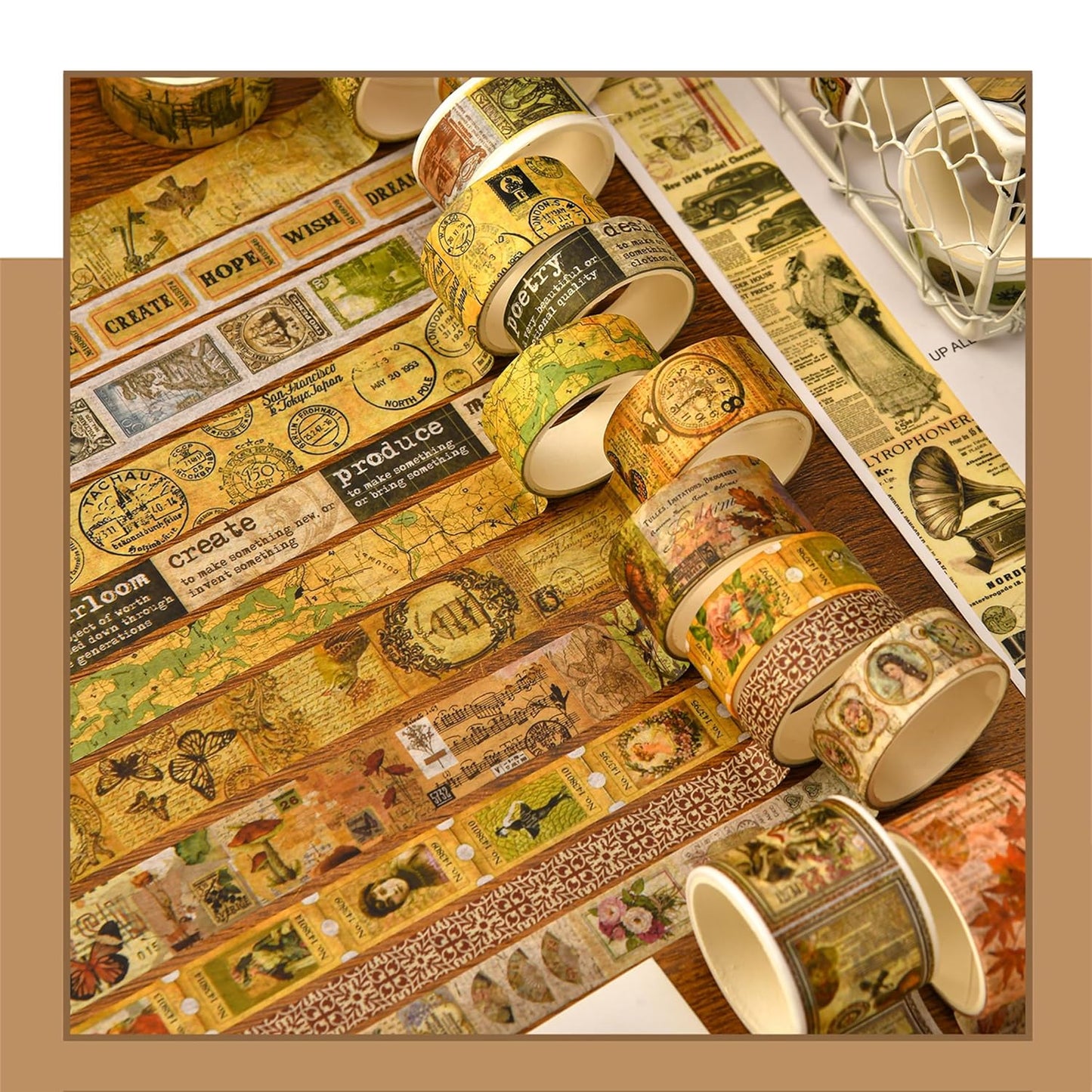 36 Rolls Vintage Washi Tape Pack Retro Arts Adhesive Tapes Wide Chronicle Decorative Masking Tape Sets for Craft, Kids, Scrapbook, DIY, Gift Wrapping (Duke Jorge)