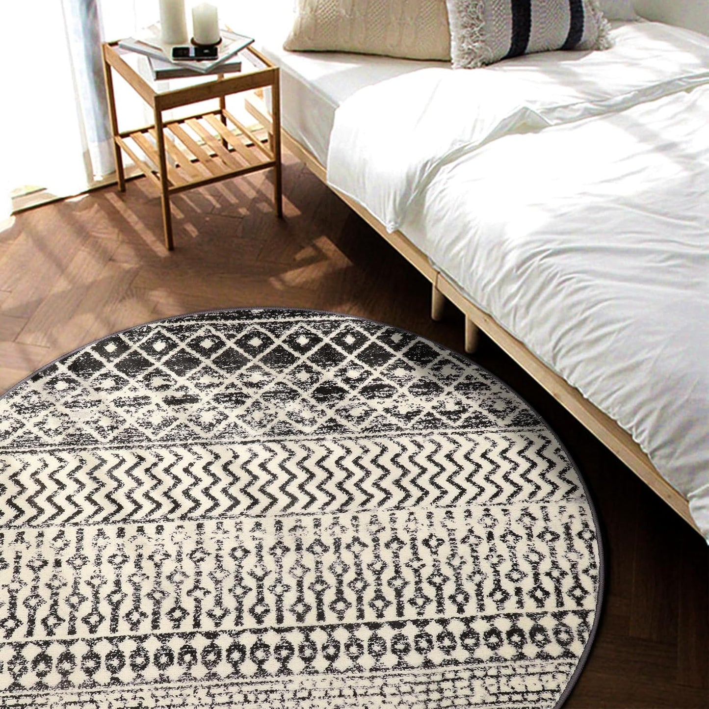 Moroccan Washable Round Area Rug, 4ft Non-Slip Distressed Black Area Rug for Bedroom, Soft Non-Shedding Circle Rug Bedside Carpet for Living Room Dining Room Bedroom