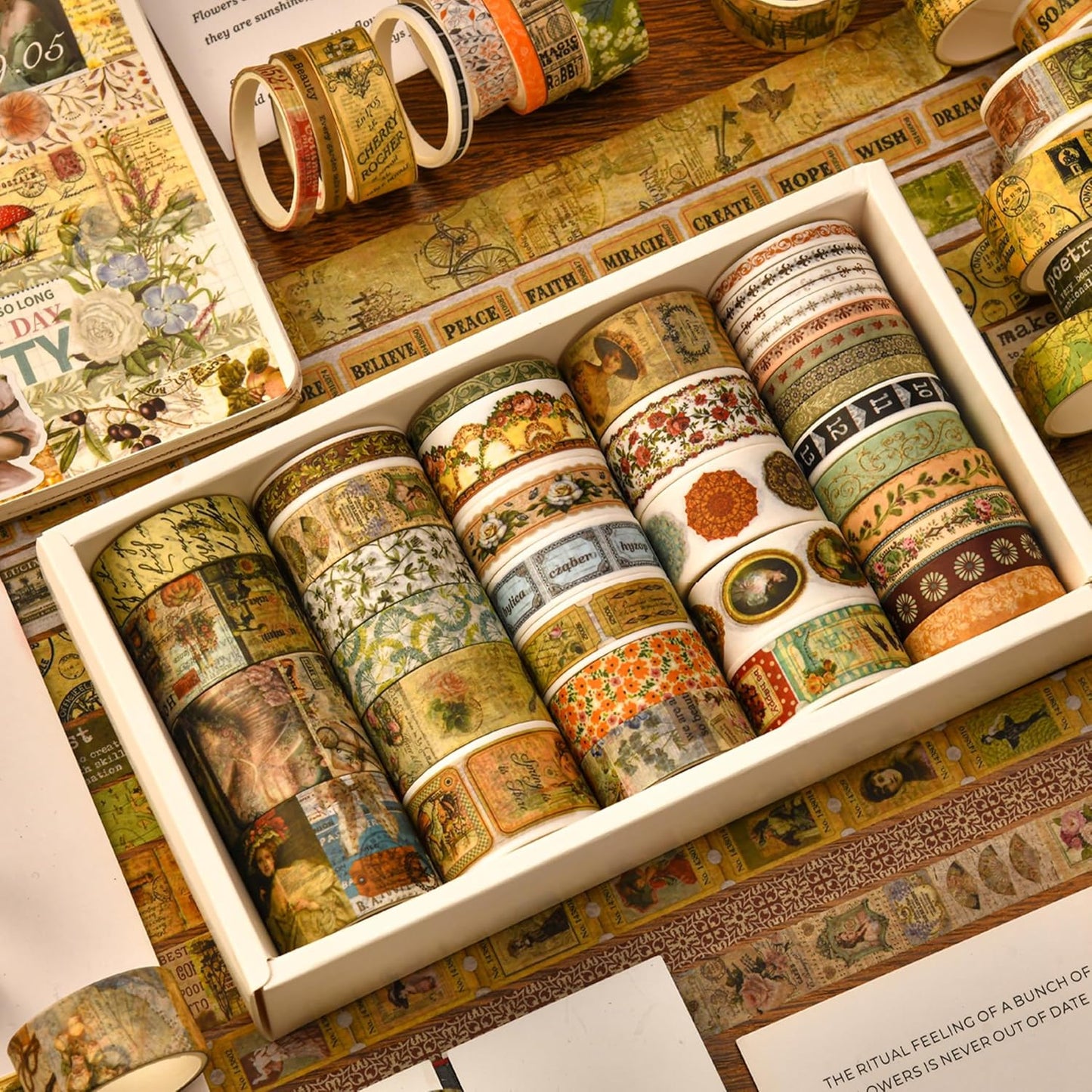 36 Rolls Vintage Washi Tape Pack Retro Arts Adhesive Tapes Wide Chronicle Decorative Masking Tape Sets for Craft, Kids, Scrapbook, DIY, Gift Wrapping (Madame de Pompadour)