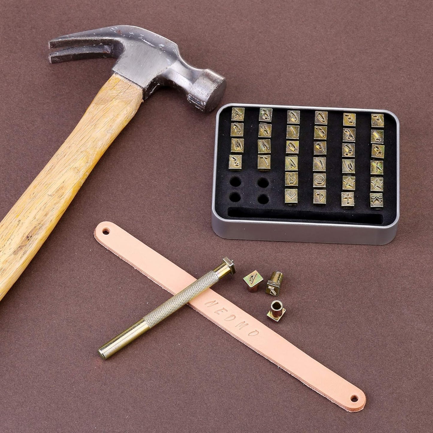 Yoption 37 Pieces Leathercarft Stamping Tool Set, 26 Letters Alphabet & 10 Patterns Stamping Tool 6mm +1 Stamping Handle for Leather Craft