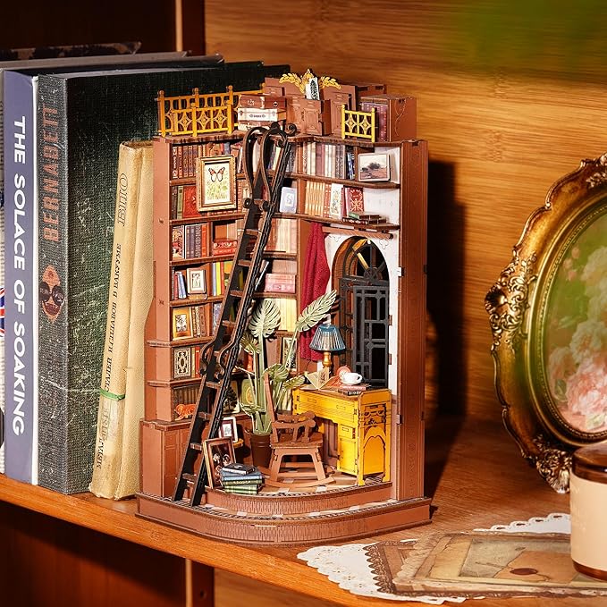 Rolife DIY Book Nook Kits for Adults, Miniature Dollhouse Booknook Kit, 3D Wooden Puzzle Creative Decorative Bookends Bookshelf Diorama Insert Crafts Hobbies Gifts (Silent Corner Study)