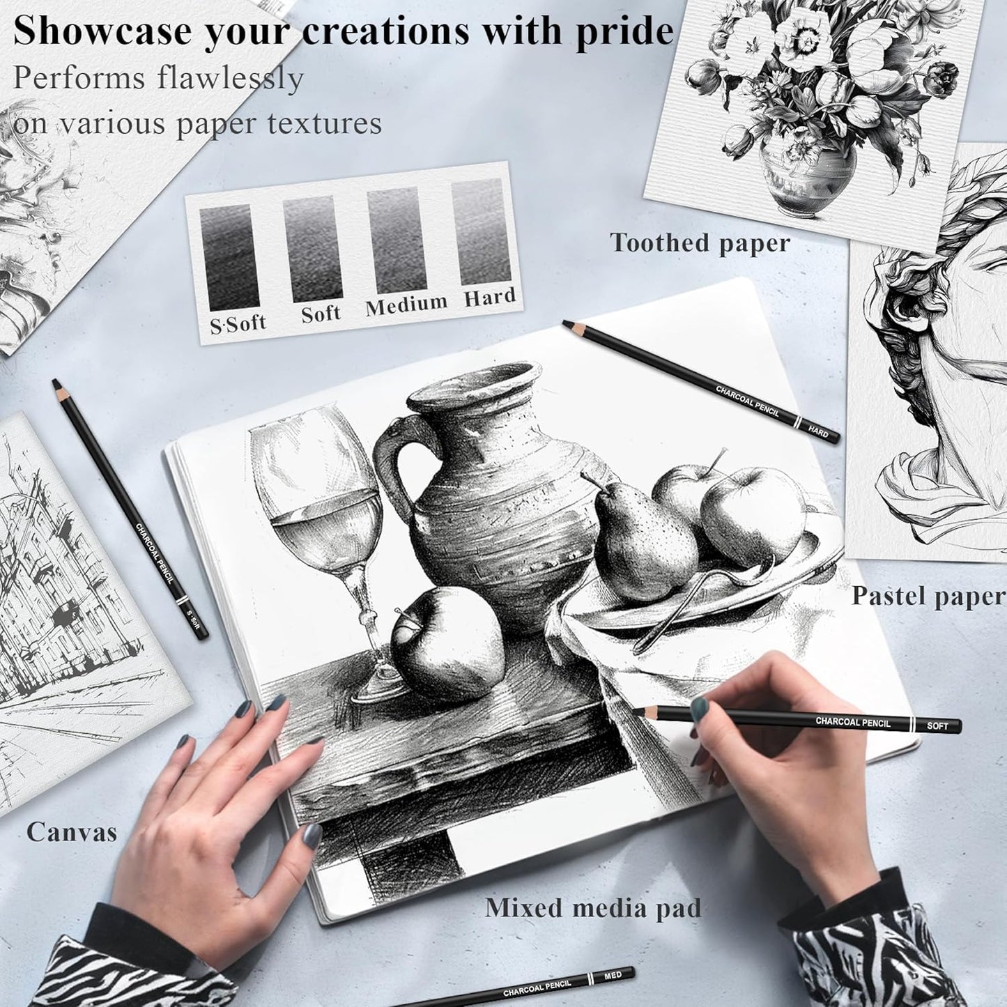 Charcoal Pencils for drawing, Set of 12, Charcoal Drawing Pencils (S-Soft, Soft, Medium, Hard), Art Supplies for Artist, Sketching, Shading