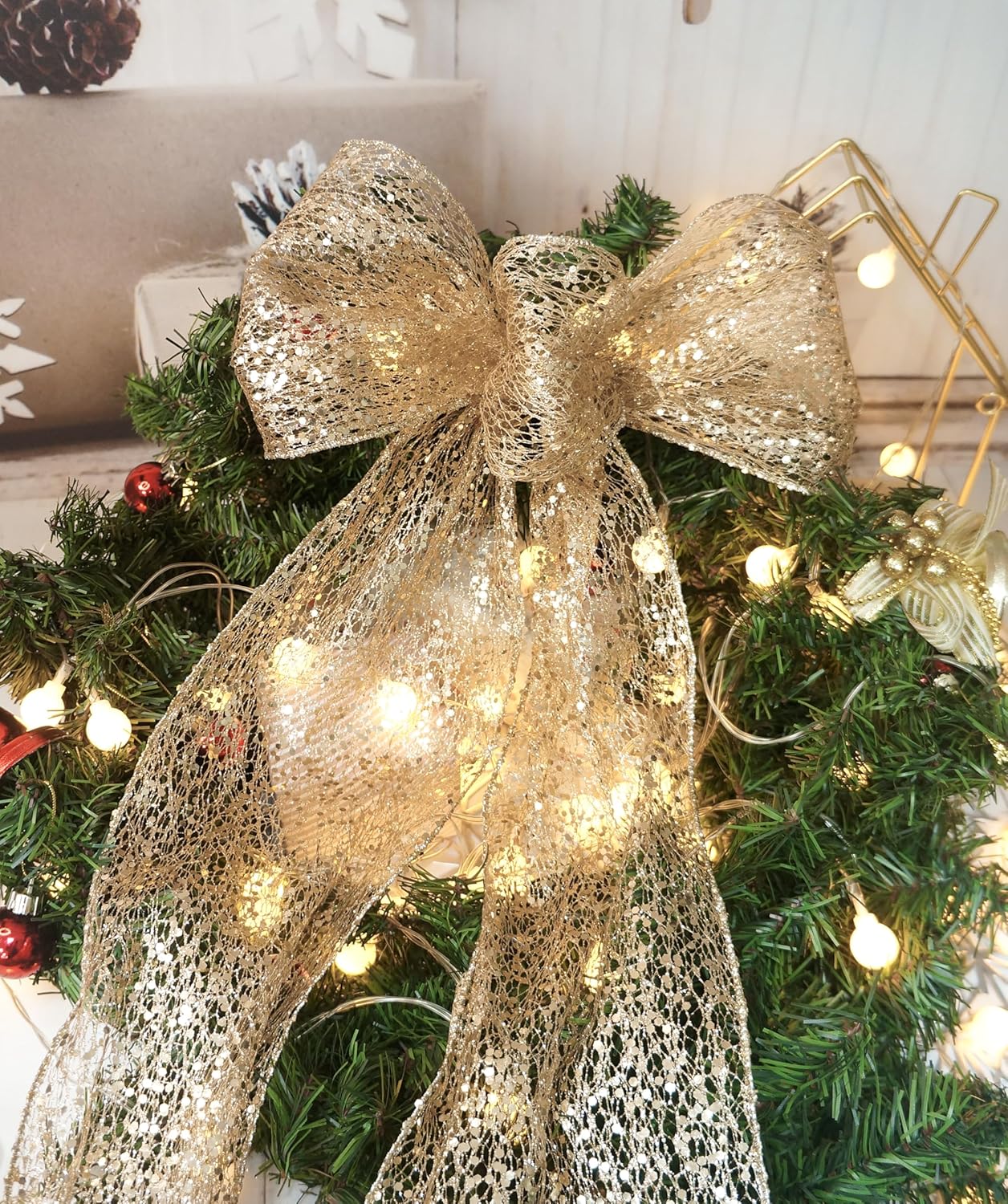 CT CRAFT LLC Sparkling Glitter Mesh Wired Ribbon 6" x 10 Yards Champagne Gold for Christmas Home Decor Bow Gift Wrapping DIY Crafts Wreath