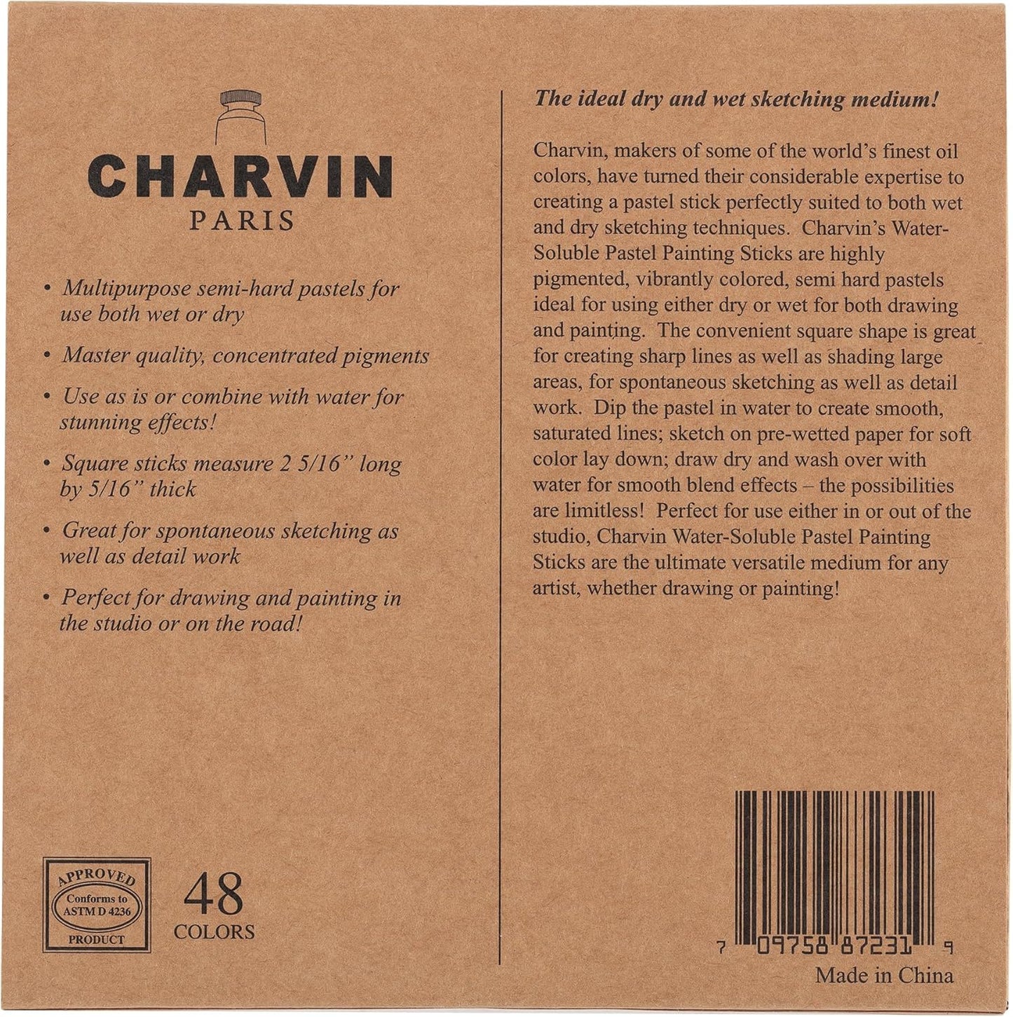 Charvin Artist Colored Chalk Pastels (Set of 48) - Water Soluble, Assorted Pastel Color Sticks for Wet, & Dry Painting