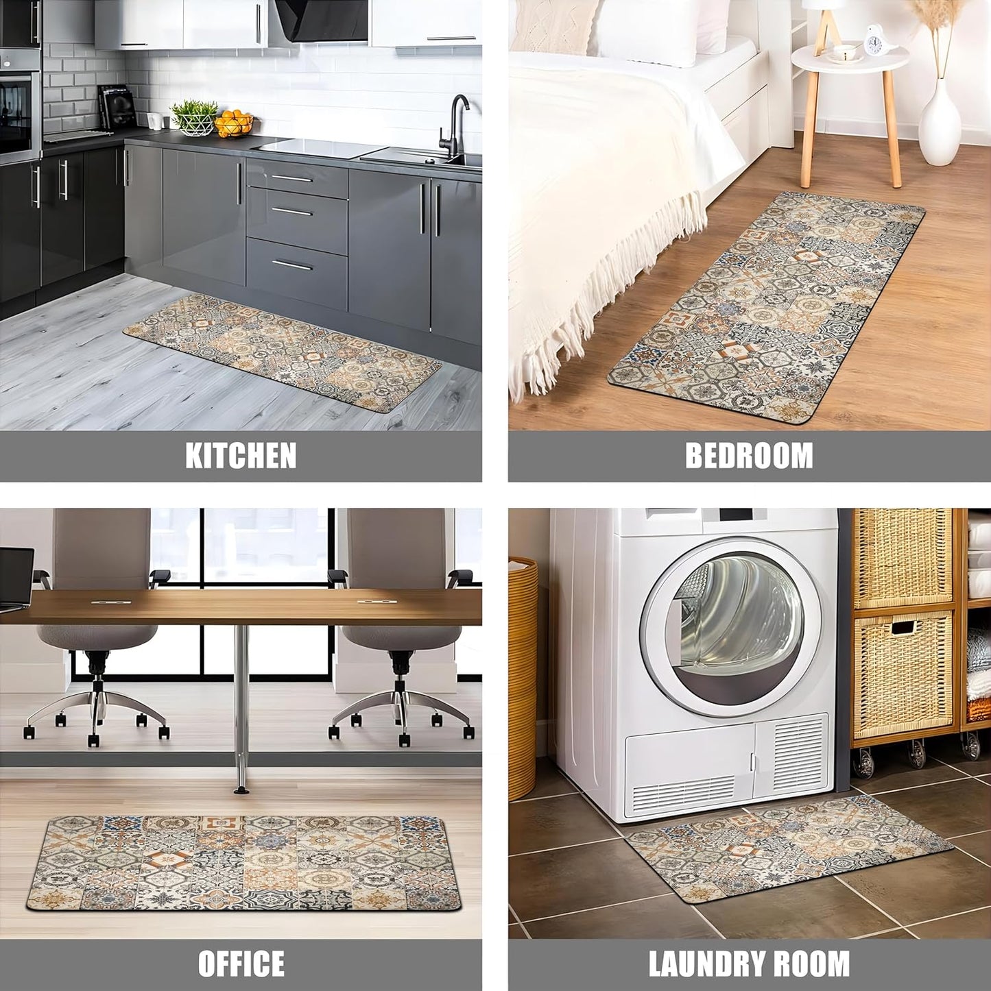 Boho Kitchen Rugs Set 2 Memory Foam Colorful Ceramic Comfort Tile Floor Mat Anti Fatigue Non-Skid PVC Runner Rug Water & Oil Proof Carpet for Kitchen Laundry Sink,17.3x28+17.3x47 Inch, C3