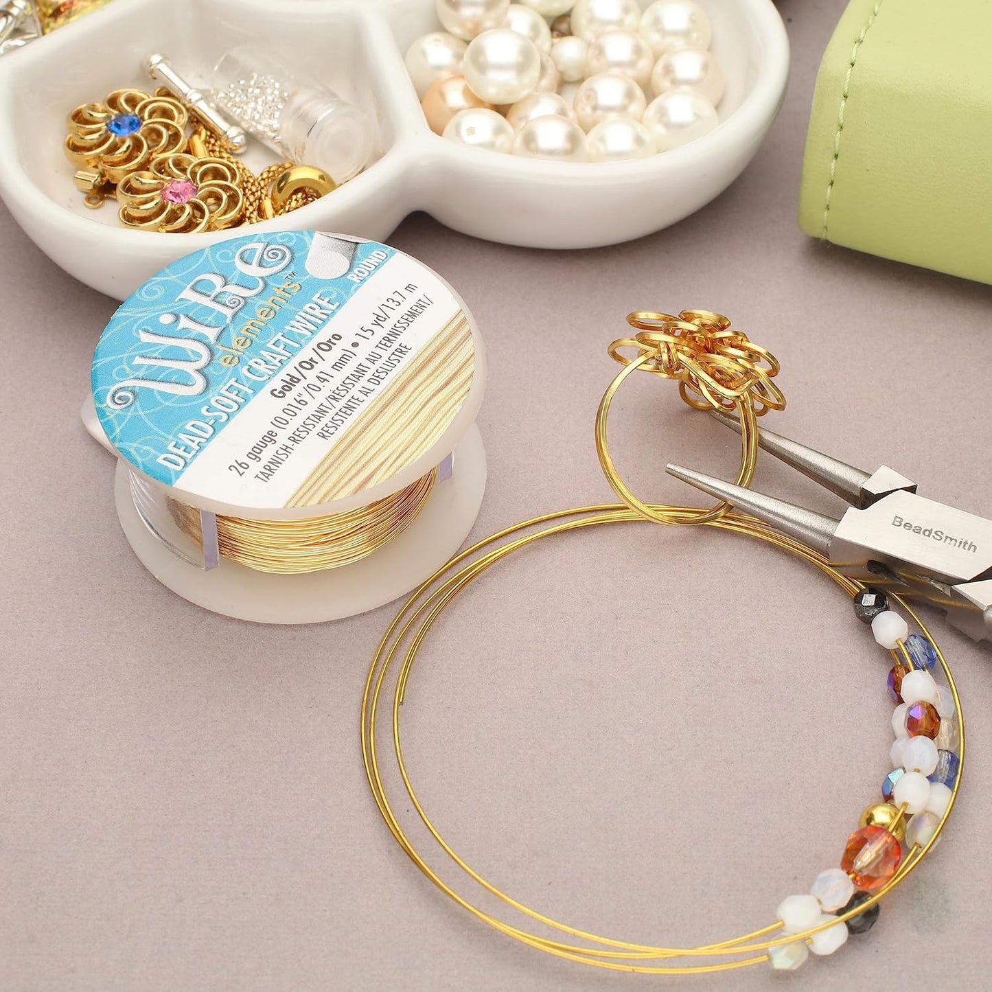 The Beadsmith Wire Elements Craft Wire – Tarnish Resistant, Soft Temper, Round, Gold Color – 0.41mm, 26 Gauge, 15 Yard Spool – Jewelry Making, Wire Wrapping, Floral, & Other DIY Crafts