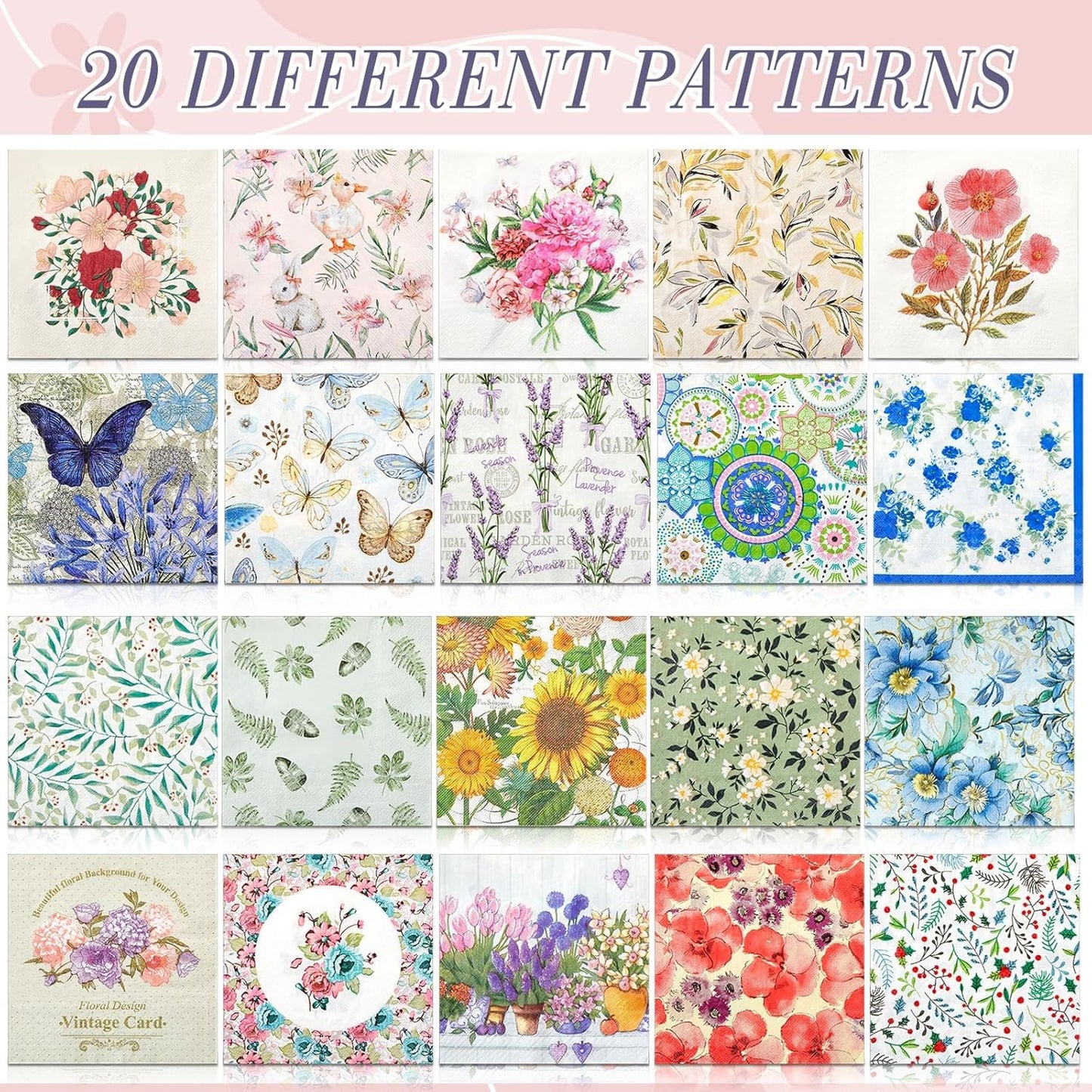 Crtiin 20 Pack Assorted Floral Napkins for Decoupage Toilet Napkins Flower Cocktail Decorative Paper for Birthday Party Beautiful Gorgeous, 20 Styles Each 6.5 inches(Style 7)