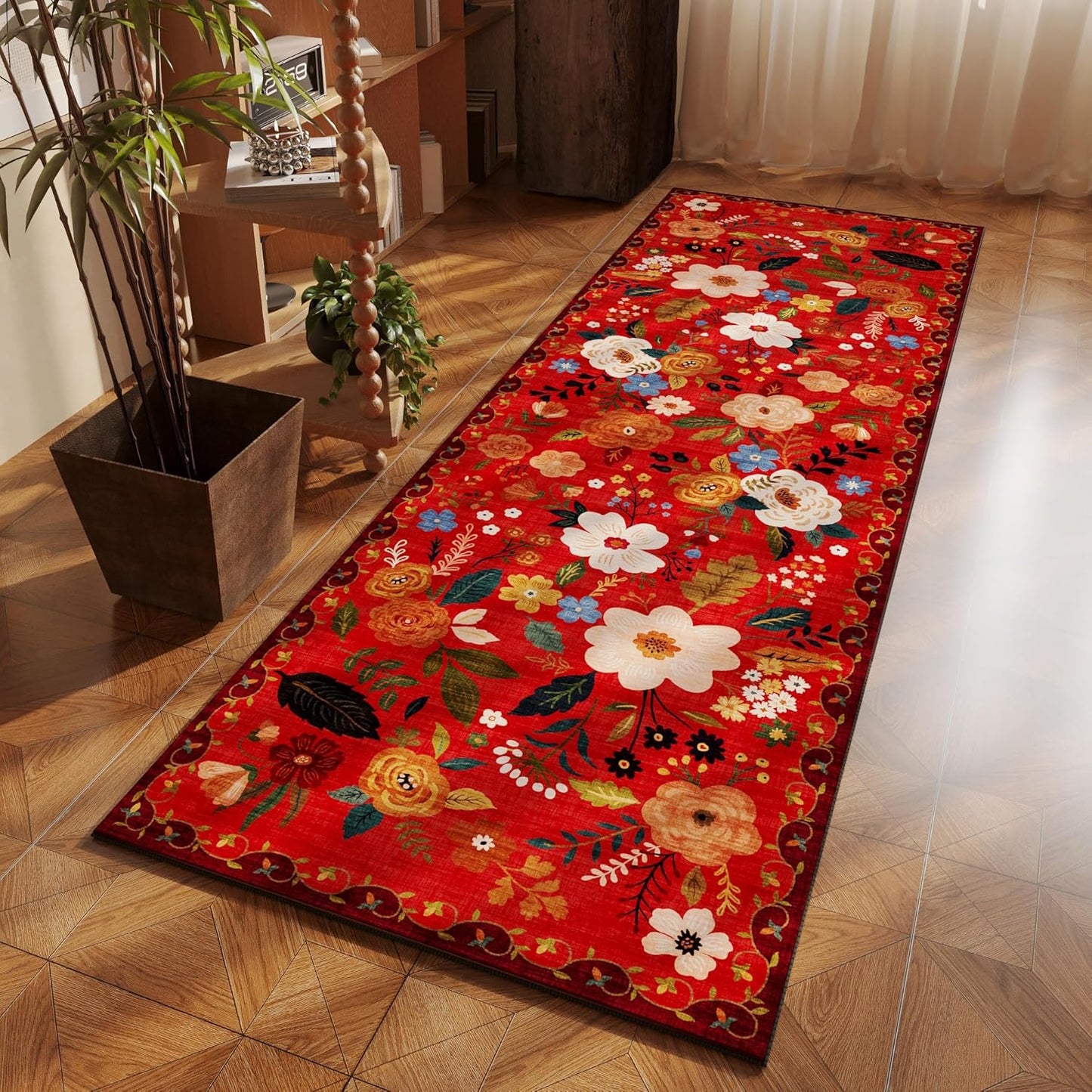 Rugcomf Runner Rug for Hallways Kitchen Rug Non Slip 2'x 6' Washable Runner Rugs with Rubber Backing Soft Floral Carpet Runner for Hallways, Kitchen, Laundry, Bedroom, Bathroom(Red)