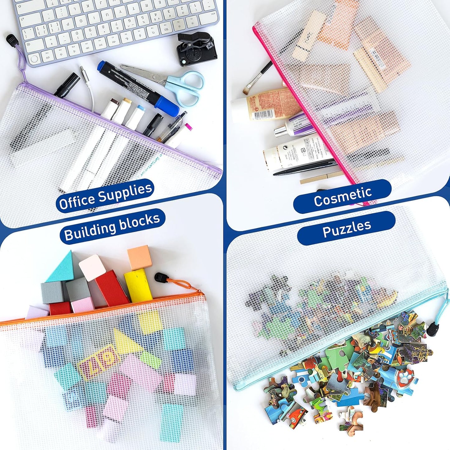 9pcs A4 Mesh Zipper Pouch Bags, 9 Colors, PVC Material, Reusable, Transparent, Zip Closure, Perfect for Toy Storage, Office Organization