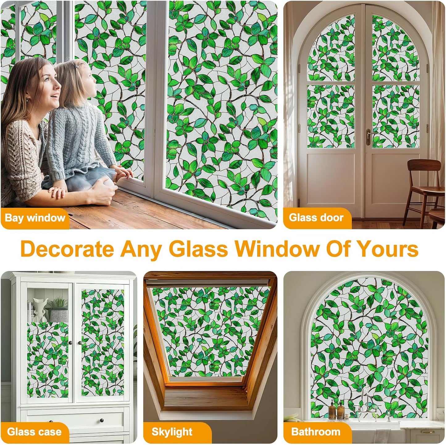 Window Privacy Film Stain Glass Window Film Rainbow Window Film Window clings Non-Adhesive Reusable Decorative for Room (Frosted Greenery Leaf, 17.5 x 78.7 in)