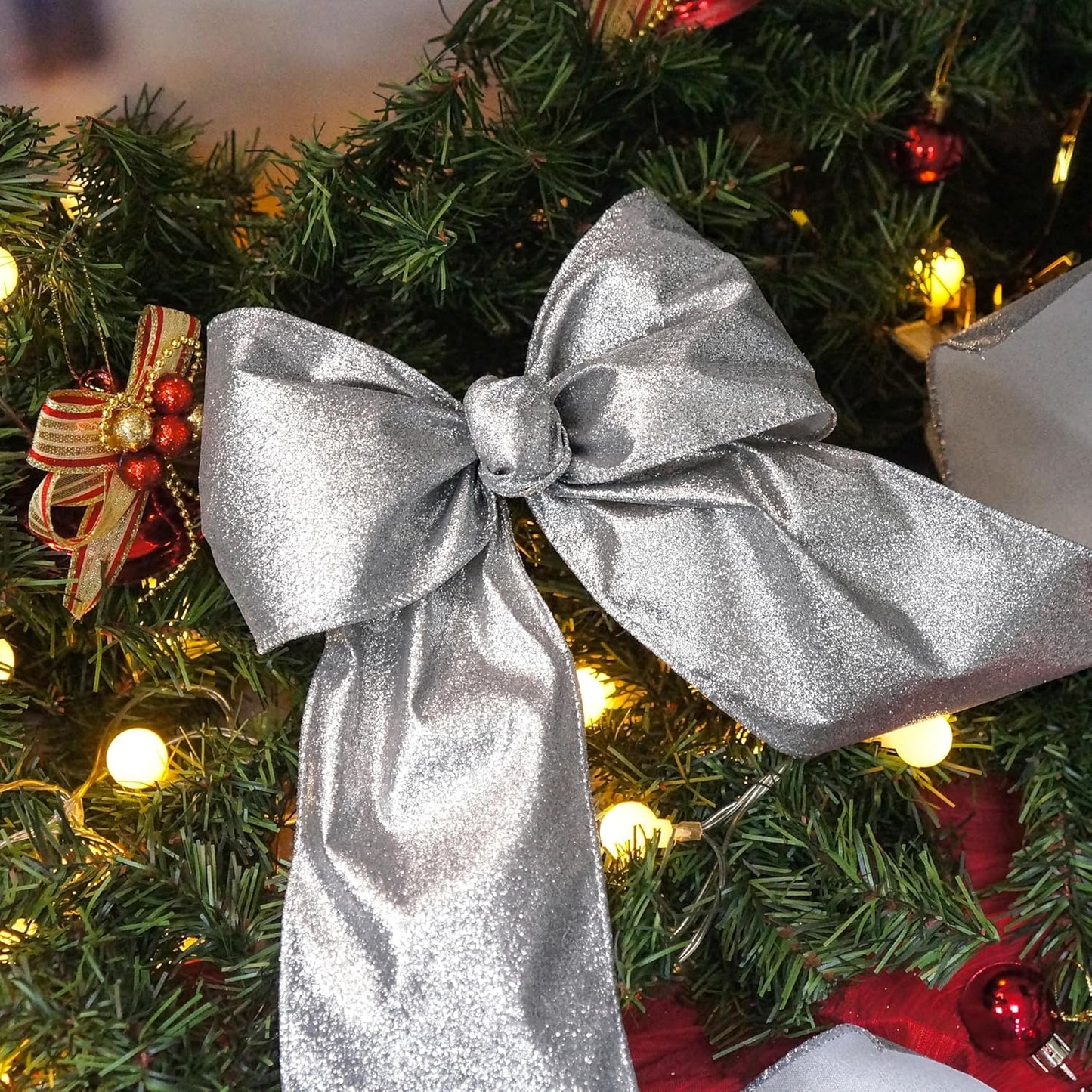 CT CRAFT LLC Glitter Wired Ribbon 4" x 10 Yards Silver for Christmas Home Decor Bow Gift Wrapping DIY Crafts Wreath