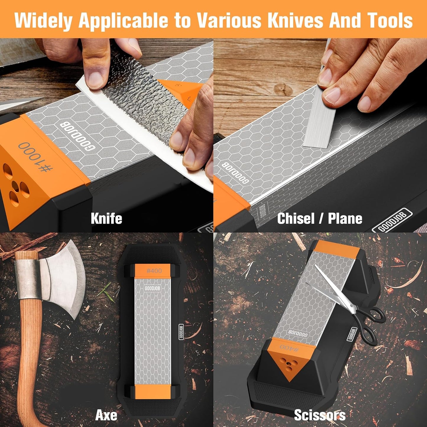 Extra Large Diamond Sharpening Stone Set 3 Side Grit 400/600/1000 Premium Industrial Diamond Knife Sharpener Suitable for Steel of any Hardness with Angle Guide and Non-Slip Base (GB-3DL)