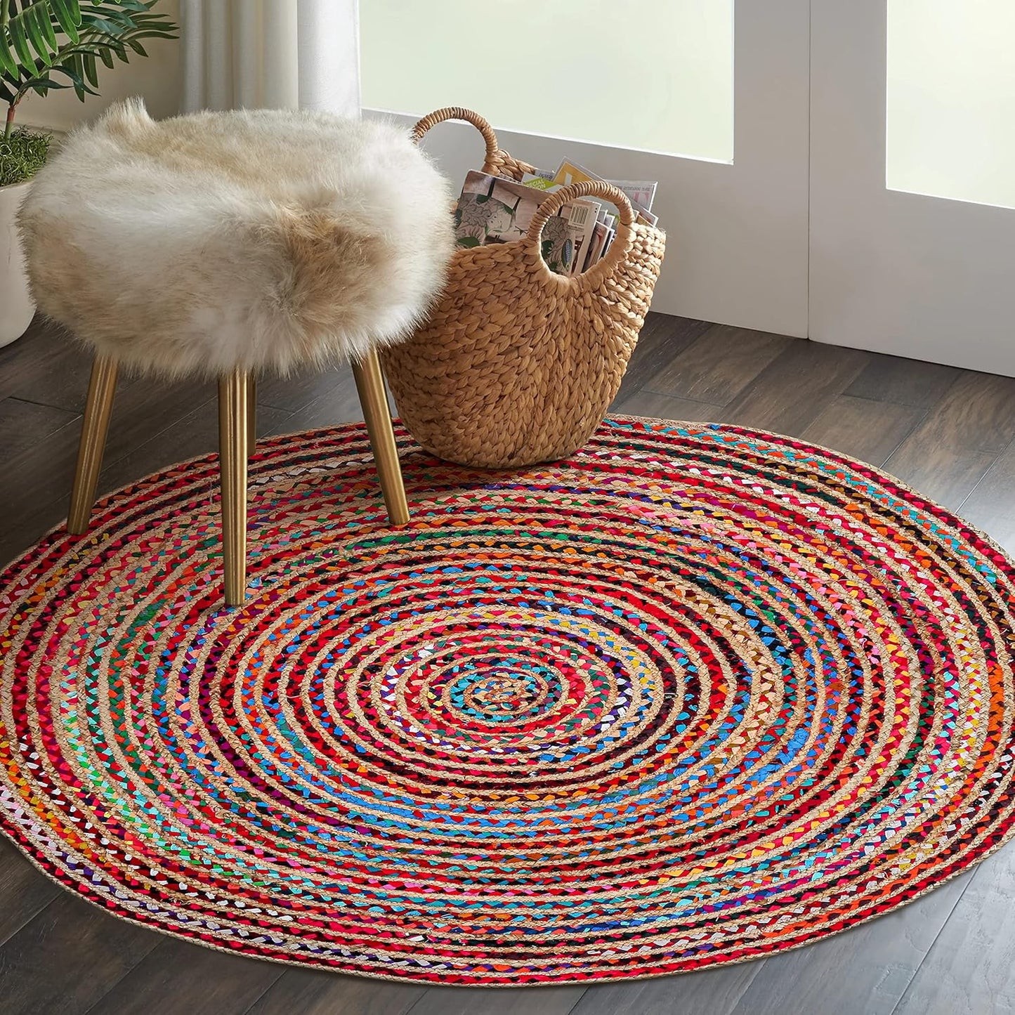 8' Round Handwoven Jute Chindi Area Rug - Colorful Boho Rugs for Living Room - Hand Braided Multicolor Bohemian Rug for Farmhouse, Bedroom, Dining Room, Classroom, Hallway, Kitchen, Office