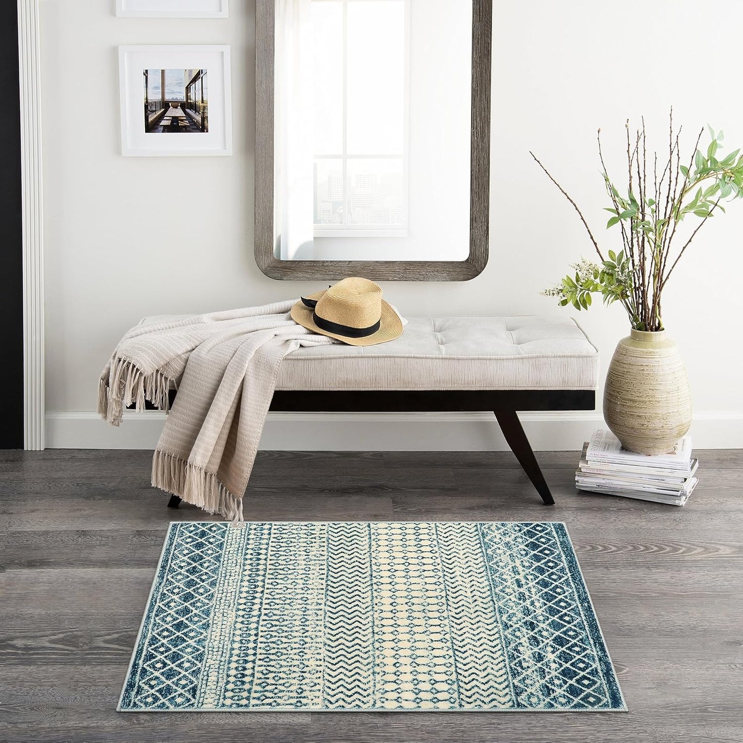 Geometric Moroccan Small Rug 2x3, Soft Non-Slip Distressed Retro Blue Rug Front Door Mat, Machine Washable Kitchen Rug Indoor Door Mats for Entryway Bedroom Bathroom Kitchen